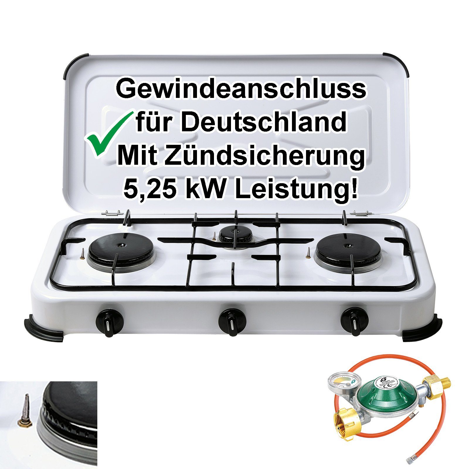 BlueCraft Gaskocher 3 flammig mit Zündsicherung 50mbar Propan Gas Campingkocher 5,25 kW, (mit Schlauch 100 cm und Gas Regler Druckminderer mit Manometer), Camping Gas Мультиварки 3 flammen für Gasflasche Gasherd Gas-Kochfeld