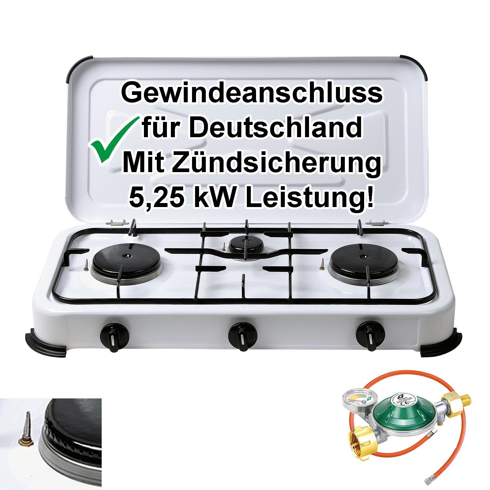 - Gaskocher, und Zündsicherung BlueCraft Gasherd Schlauch mit 100cm Campingkocher 3-flammig 50mbar), Manometerregler (inkl.