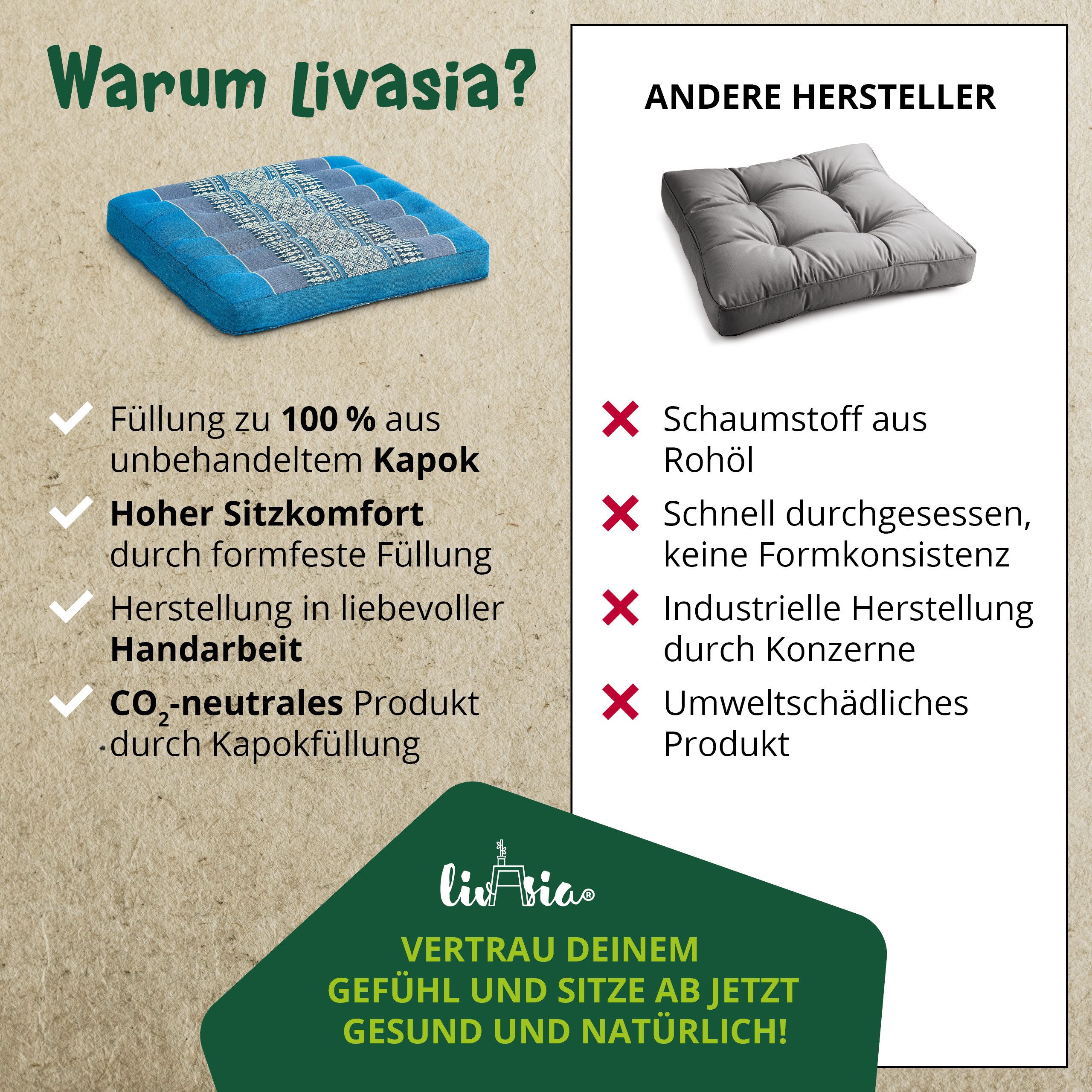 livasia Sitzkissen Sitzkissen 35 cm, vegan und handgefertigt, 35x35x6cm, Kapok – Bild 5 von 5