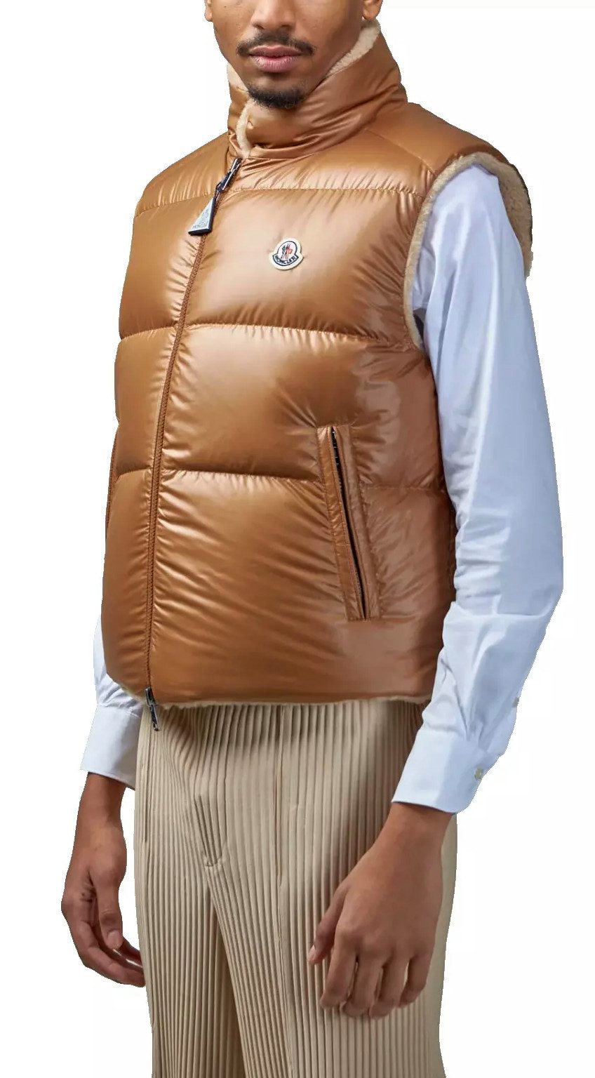 MONCLER Wendeweste Wendbare Daunenweste Jacke Gilet Zwei-Wege-Reißverschluss, Druckknopfverschluss, Teddyfleece
