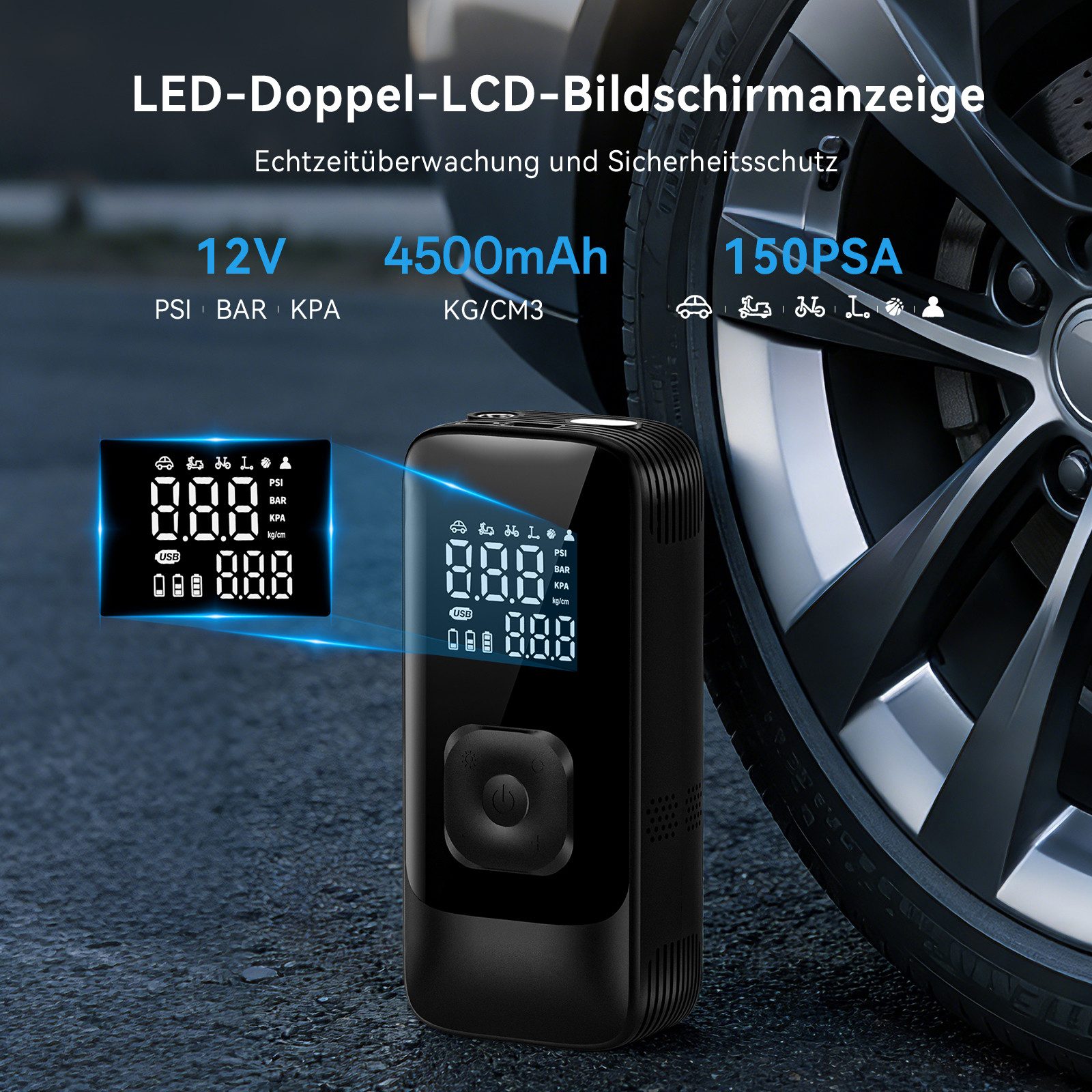 skelo Akku-Luftpumpe Elektrische Luftpumpe, elektrische Fahrradpumpe, 150 PSI, 4500 mAh (6-tlg., für Auto, Fahrrad, E-Bike, Motorrad und Bälle), Akku-Kompressor – Bild 3 von 5
