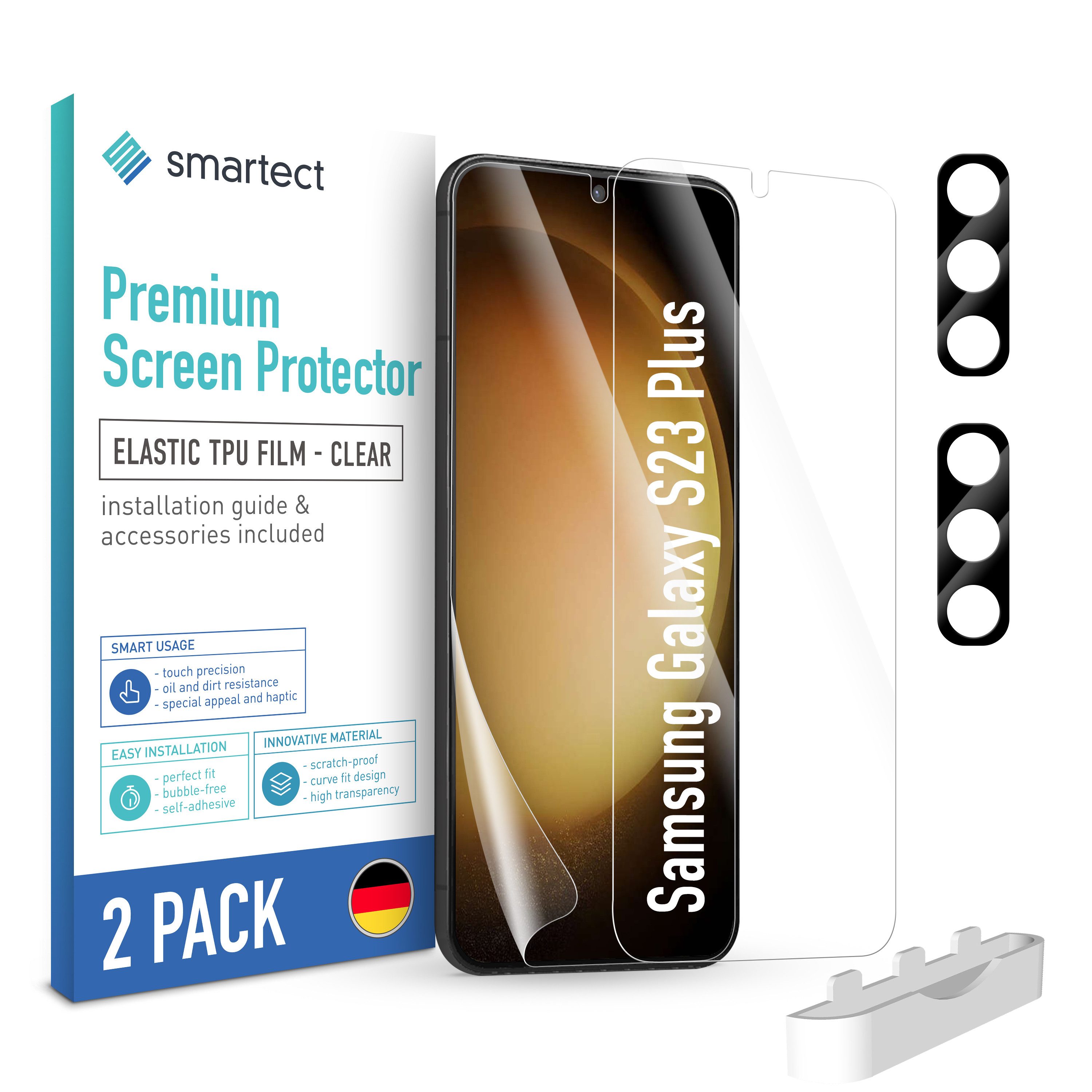 smartect Displayschutzfolie TPU Schutzfolie 2 + 2 Stück für Galaxy S23 Plus (Display + Kamera) für Samsung Galaxy S23 Plus, Set, 2 Stück, Ultra-klar, Kratzfest, Blasenfrei, Oleophob, Fingerabdruck kompatibel