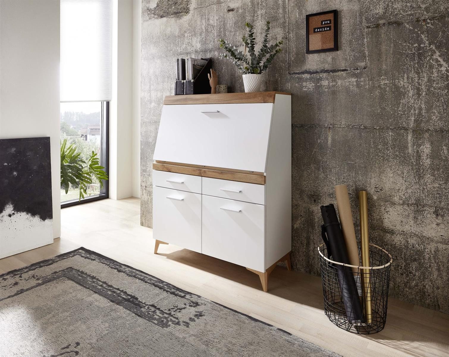 freiraum Sekretär Secret (mit 1 Klappe, 2 Schubkästen und 2 Holztüren), Sekretär in weiß, Absetzung in Eiche Altholz Nachbildung