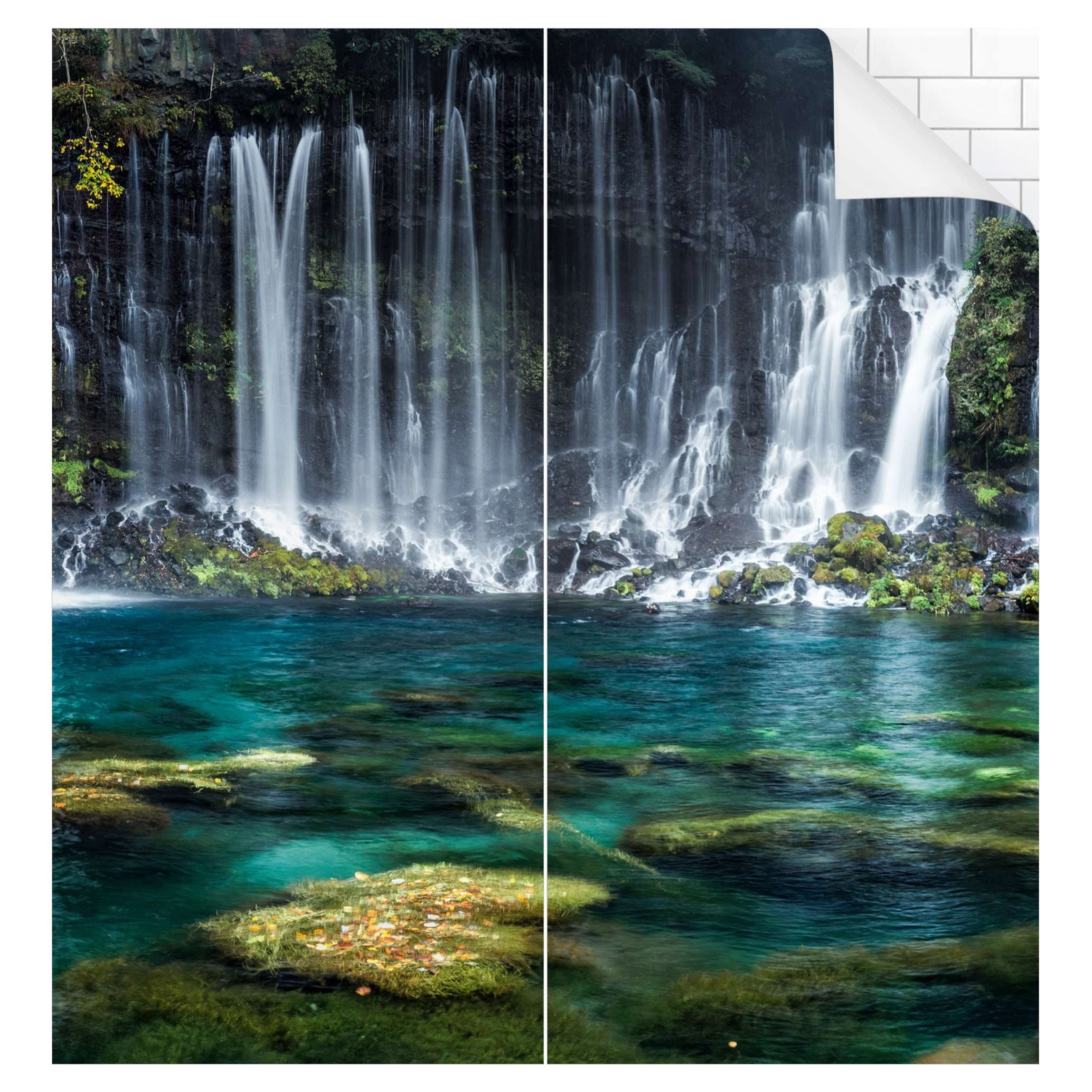 Bilderdepot24 Duschrückwand Wasserfall petrol Duschrückwand ohne Bohren Wald Natur, (2-tlg., 0,61 mm starke Folie selbstklebend Wandpaneele Dusche versch. Größen), fugenlose & wasserfeste Motiv Rückwand Wandverkleidung für Duschkabine