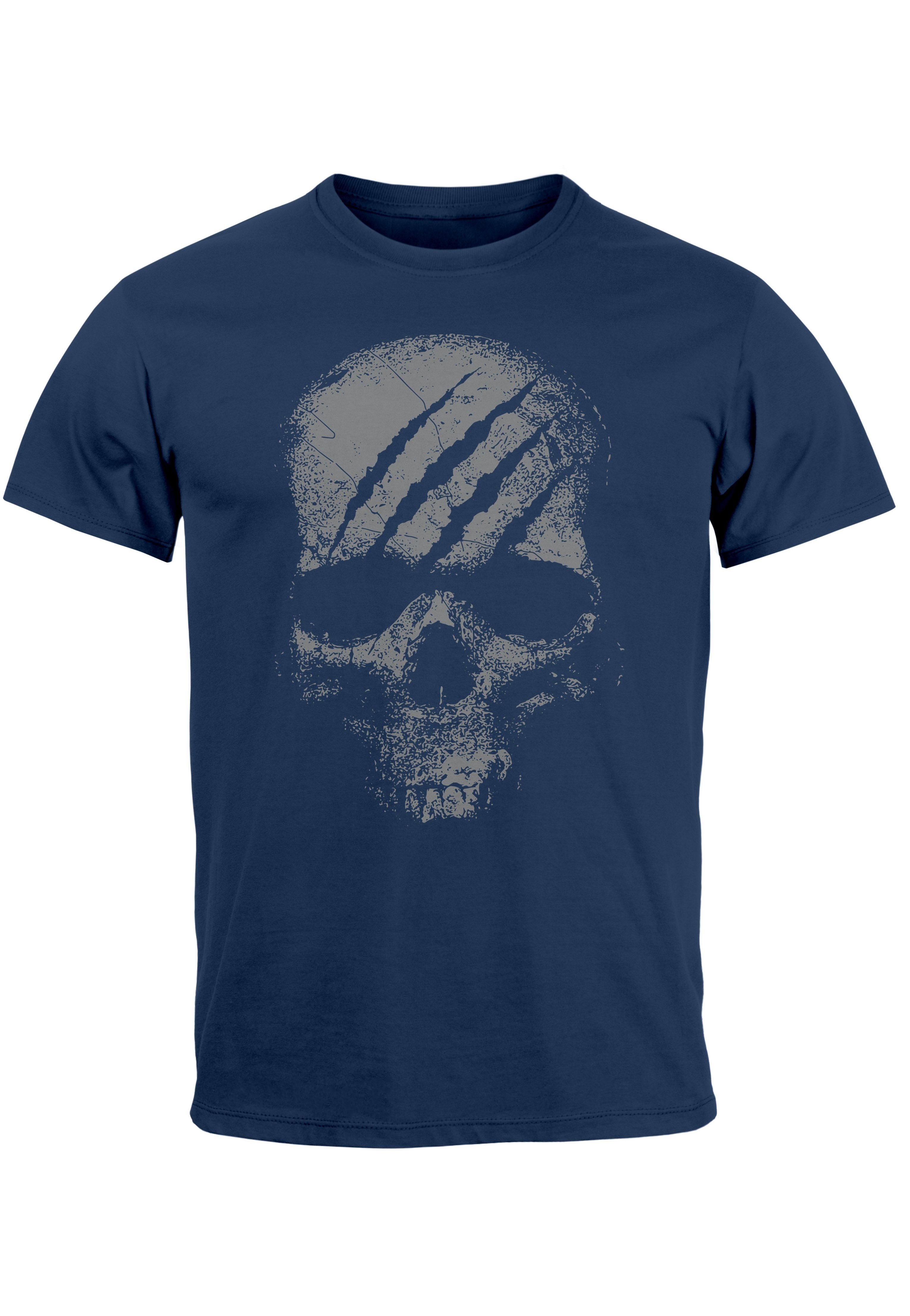 Neverless Print-Shirt Herren T-Shirt Totenkopf Skull Totenschädel Skelett Print Aufdruck Fas mit Print navy