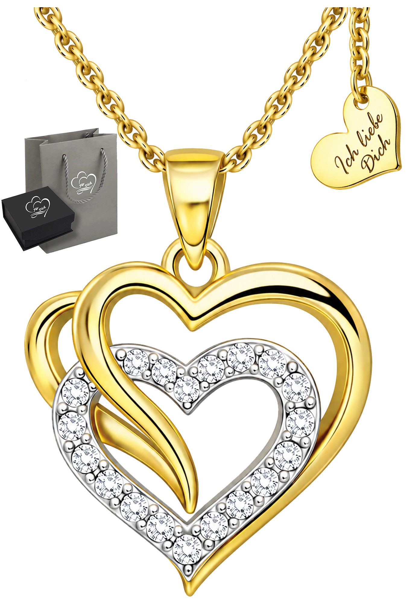 Limana Herzkette Ich liebe Dich Damen Kette mit Herz Anhänger 925 Silber gold vergoldet (Schmuck Geschenk für Freundin Frau inkl. Dose und Tasche), Jahrestag Geburtstag Weihnachten Valentinstag Hochzeitstag Muttertag