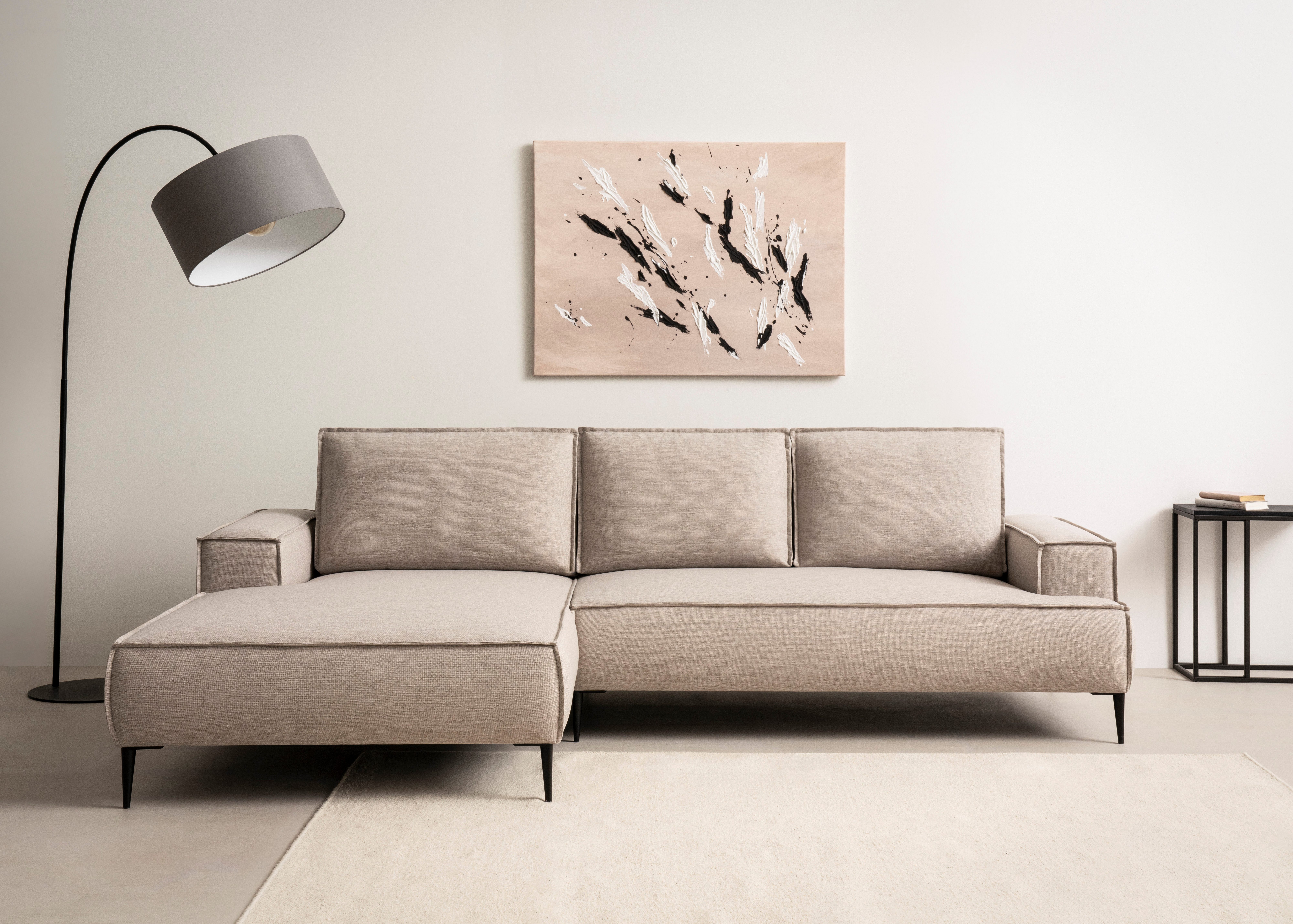andas Ecksofa TVINNU, L-Form, 275cm, in Cord und Flachgewebe, wahlweise Recamiere rechts/links, schwarze Füße, bequemer Sitzkomfort
