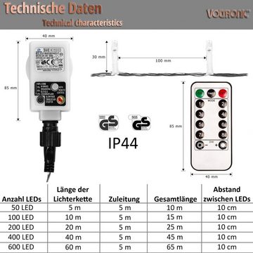 VOLTRONIC LED-Lichterkette VOLTRONIC® LED Lichterkette für innen und außen, Größenwahl: 50 - 600 LEDs, IP44, 8 Leuchtmodi, Fernbedienung, Timer