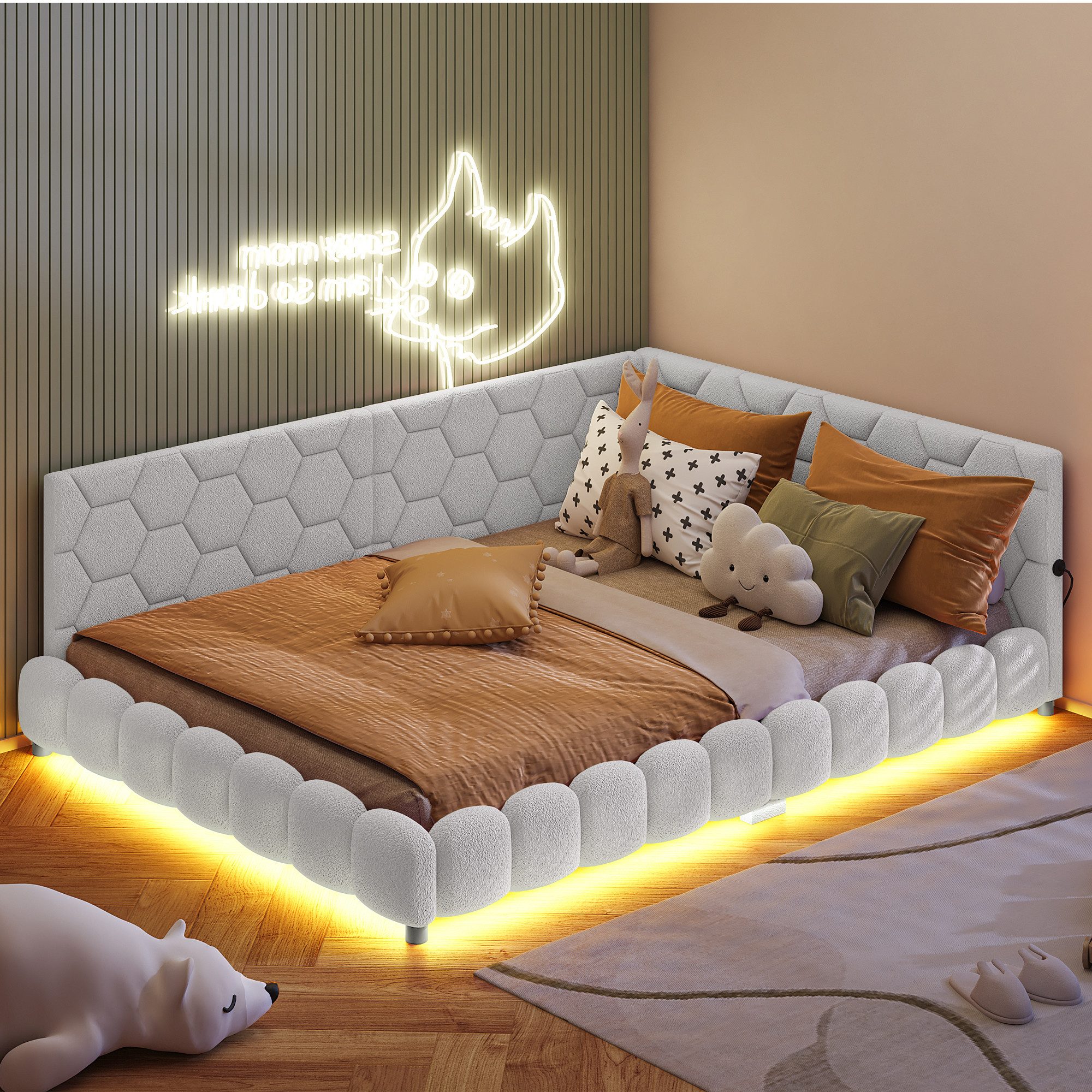 PXloue Polsterbett Daybett Tagesbett, Schlafsofa,Mit LED-Beleuchtung und USB-Ladeanschluss,140x200 cm