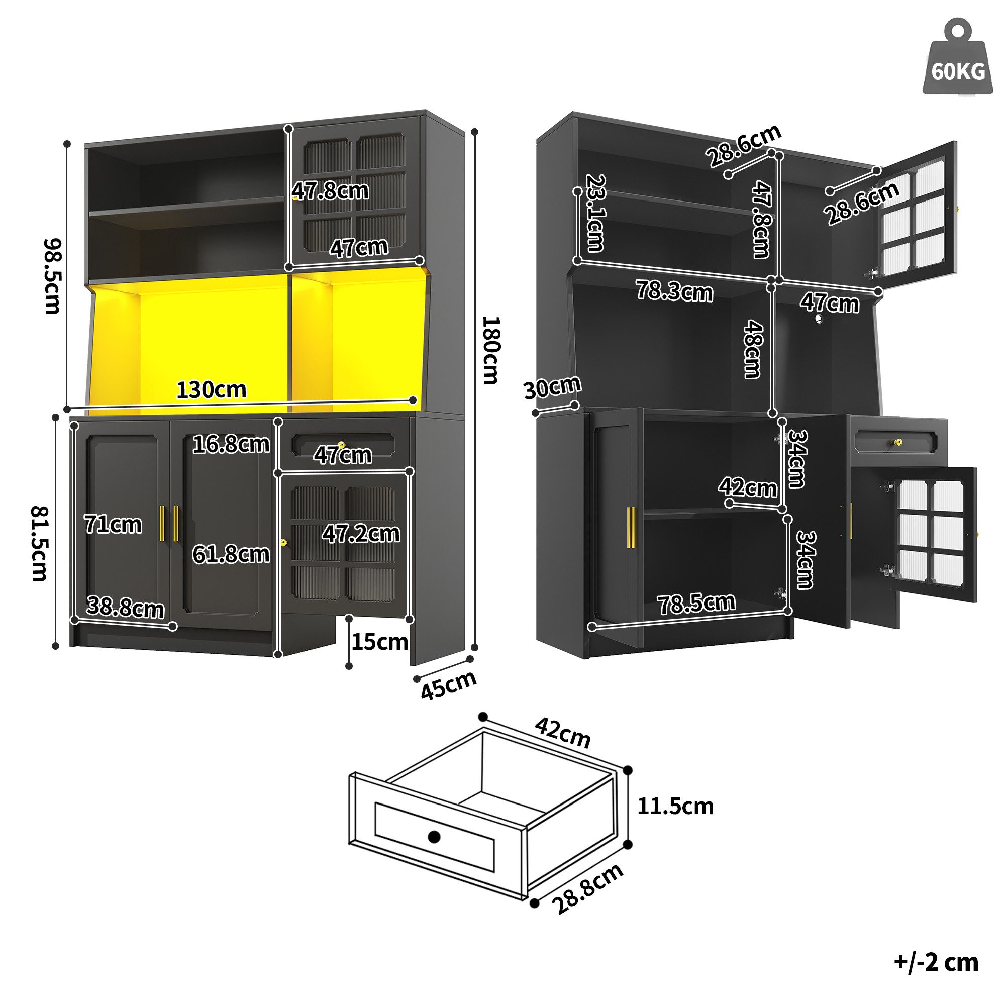 Flieks Küchenbuffet Hochschrank mit LED-Beleuchtung, Schubladen und Glastüren (1-St., B130/T45/H180 cm) Küchenschrank Geschirrschrank Buffetschrank mit Arbeitsp – Bild 5 von 5