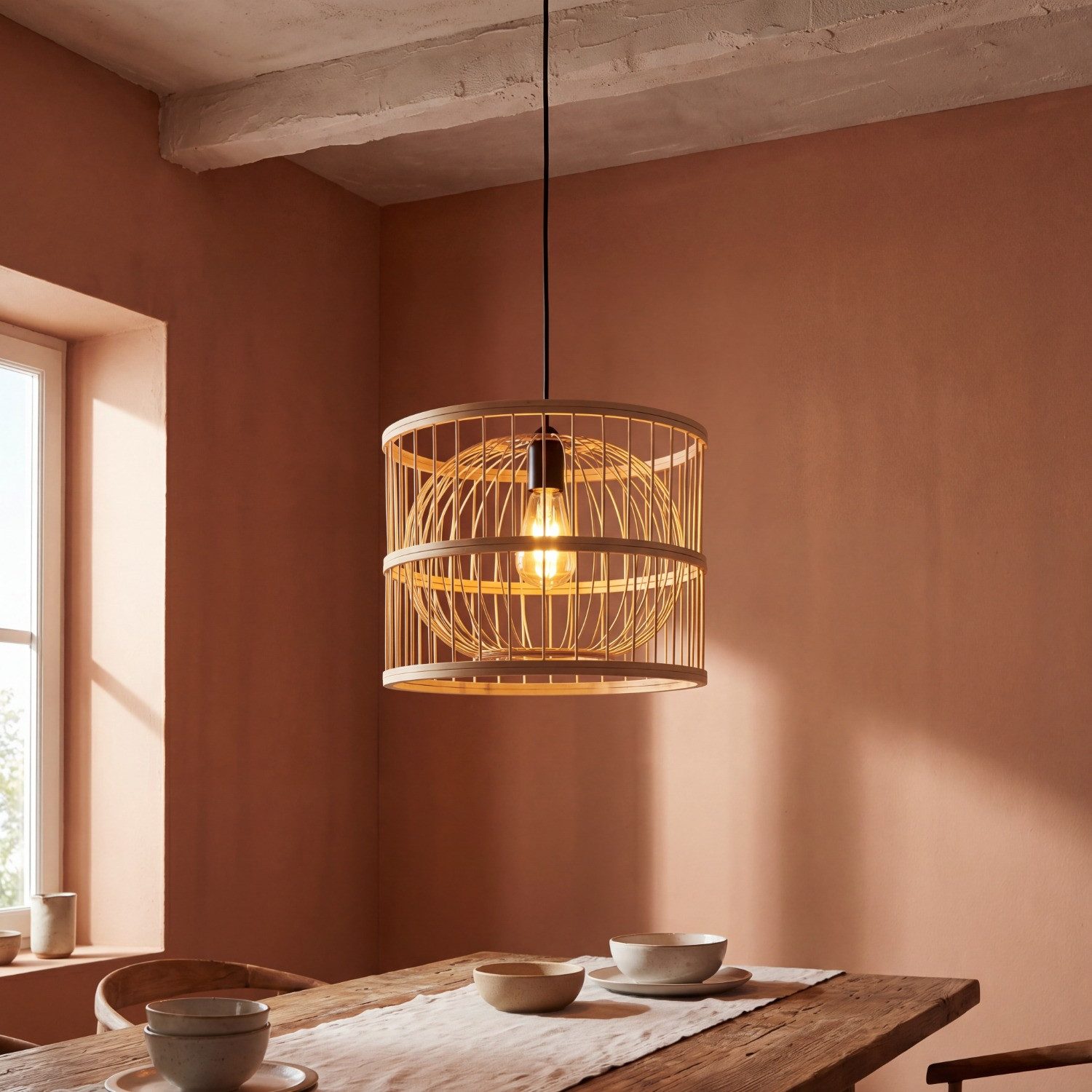 Licht-Erlebnisse Lampenschirm BAMBOO, Bambus Korbschirm Natur Ø30 cm Boho E27 höhenverstellbar Esszimmer