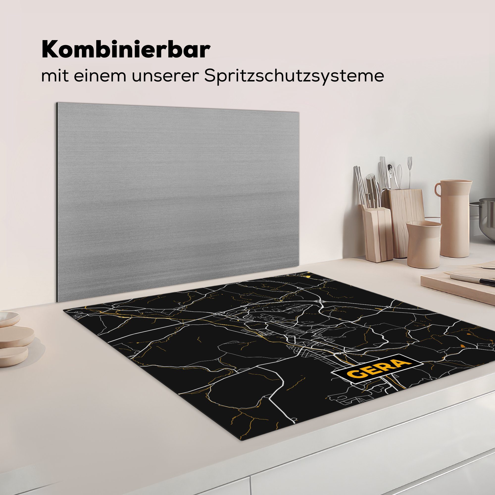 Herdblende-/Abdeckplatte Ceranfeldabdeckung, Gera (1 für 78x78 cm, - tlg), - küche - Vinyl, Deutschland, Gold - Arbeitsplatte MuchoWow Stadtplan Karte