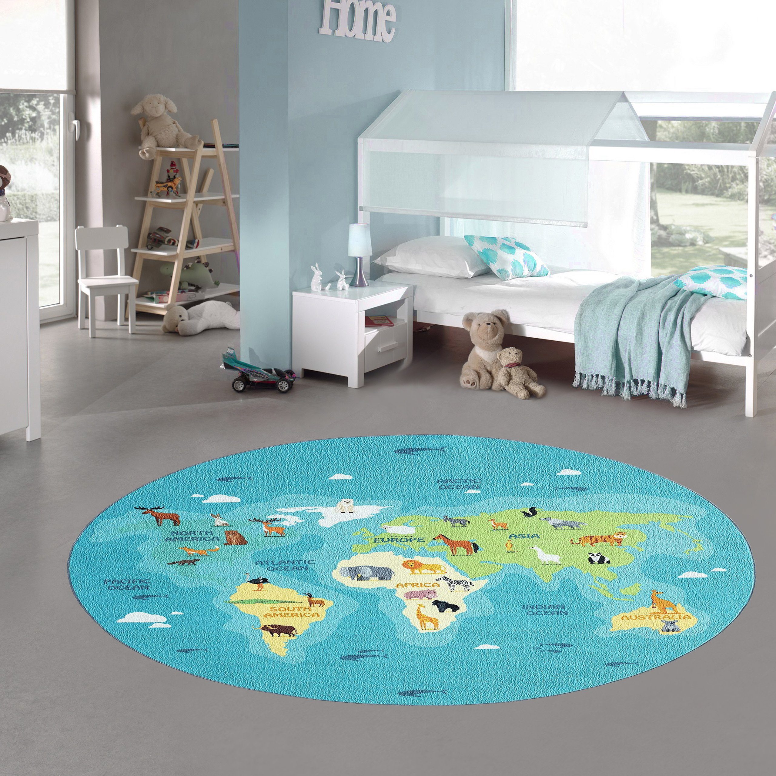Teppich Kinderzimmer Weltkarten-Lernteppich Tiere & Meere in blau, Teppich-Traum, rund, Höhe: 5 mm