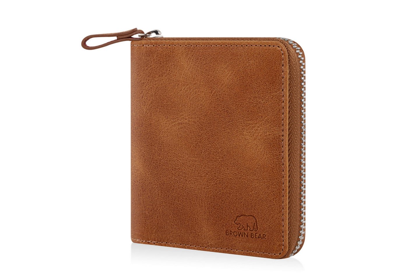 Brown Bear Geldbörse Classic 8009 mit umlaufenderm Reißverschluss aus Echtleder, mit 10 Kartenfächern und RFID-Schutz Farbe Cognac-Vintage