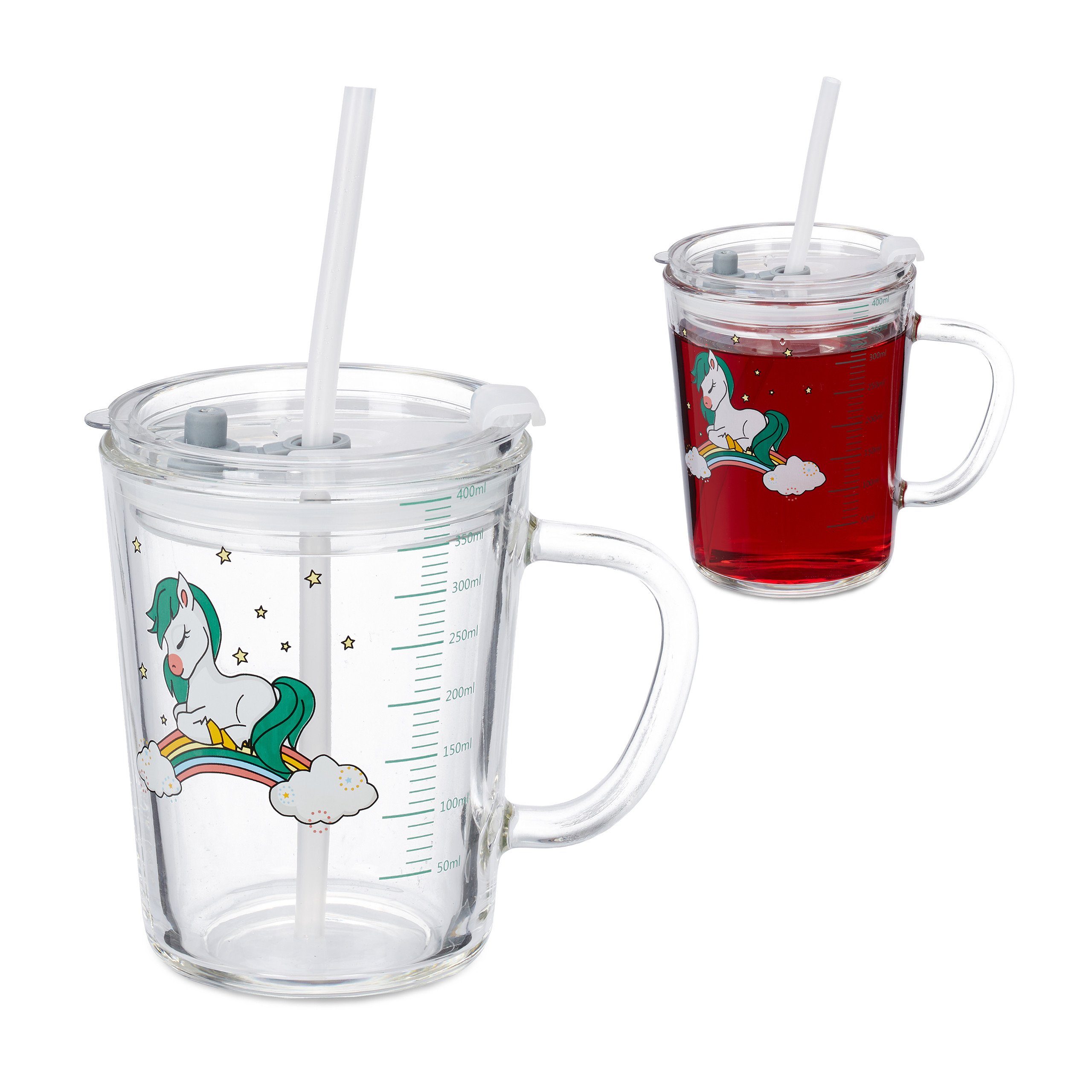 relaxdays Kinderbecher Glas 2er Set mit Kindergläser Pferdemotiv