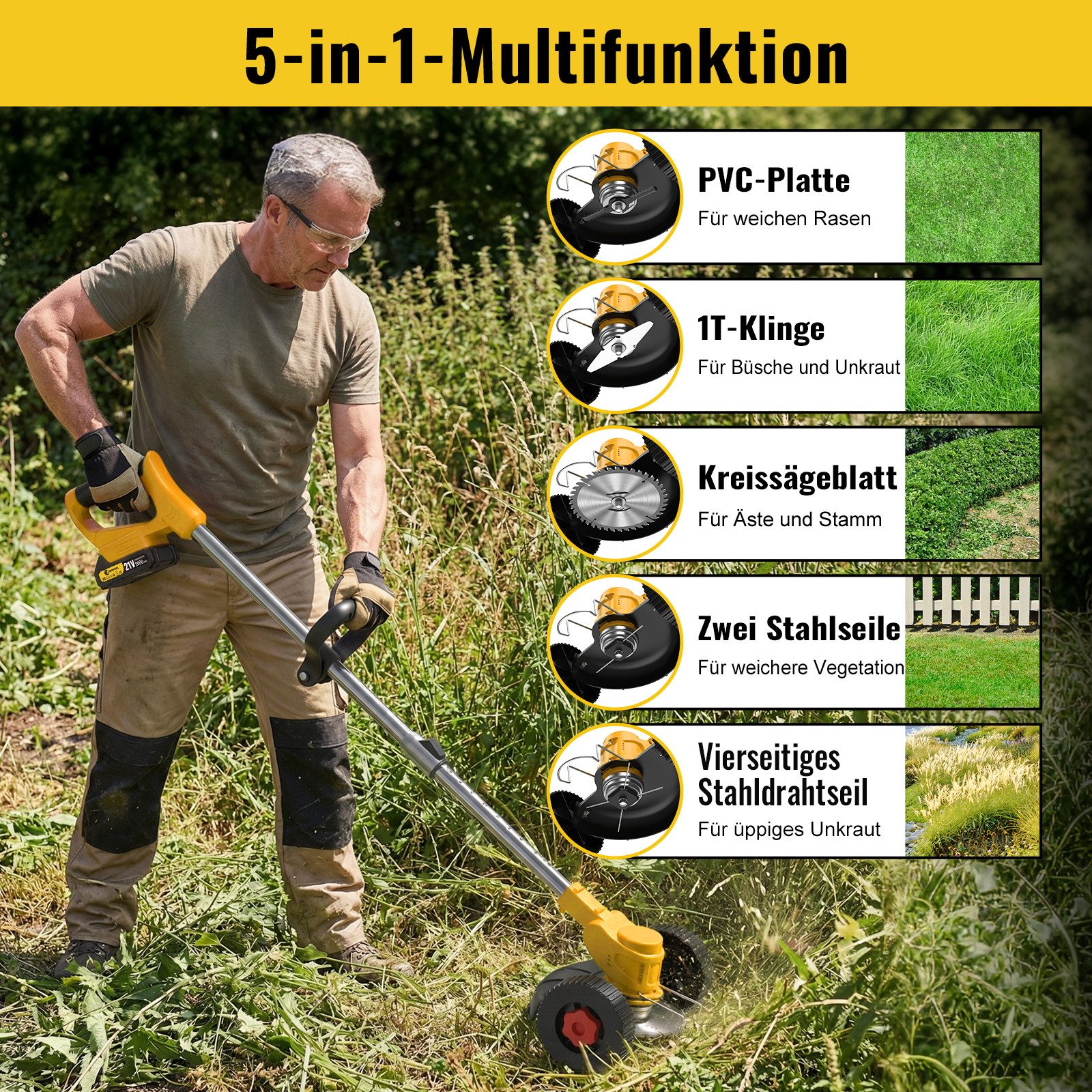 CONENTOOL Akku-Rasentrimmer 2x 2000mAh Akkus 21V, Rädern, 15 cm Arbeitsbreite Messer, (mit Akku und Ladegeät), 4 Arten Klingen, Teleskop-Stiel – Bild 5 von 5