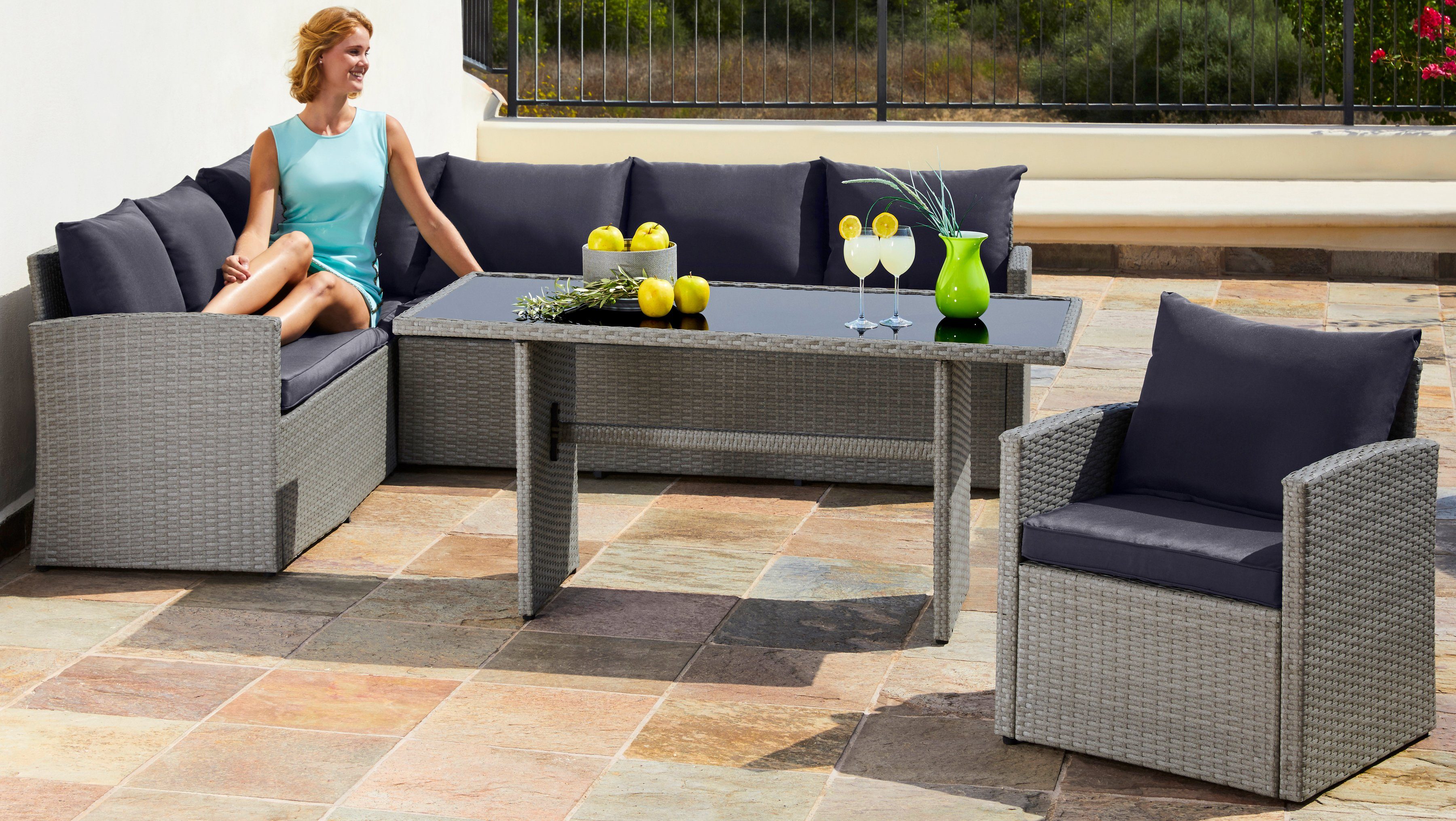 MERXX Loungeset »Chicago«, 14tlg., Eckbank, Sessel, Tisch 145x70 cm