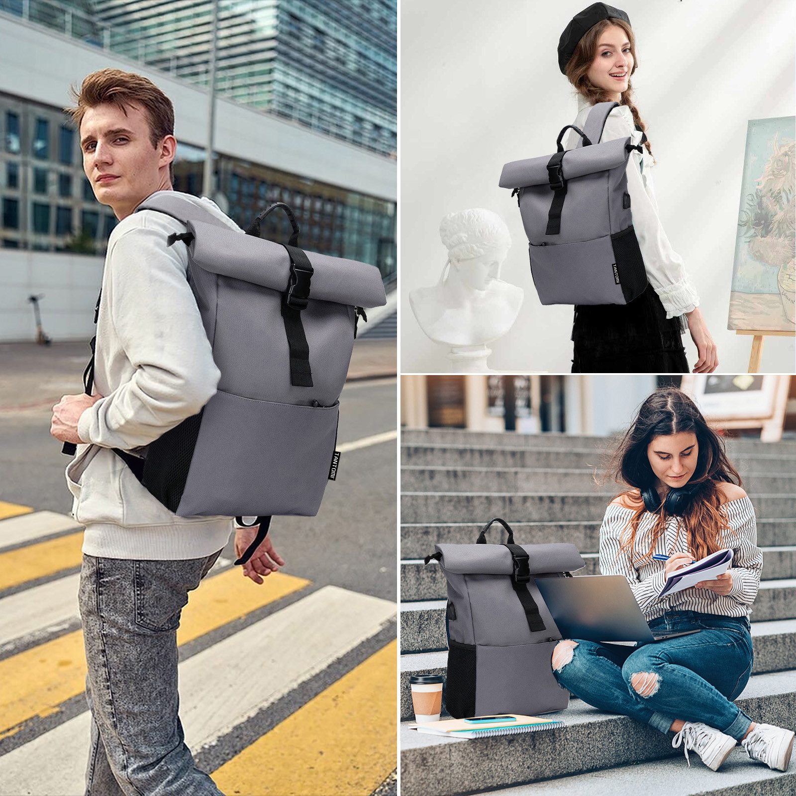 TAN.TOMI Cityrucksack Rucksack Damen Groß Rucksack Herren Groß Schulrucksack (Arbeitsrucksack viele Fächer mit 15,6" Laptopfach/USB-Anschluss), Unisex Rolltop Rucksack Wasserdicht, Lässiger Backpack