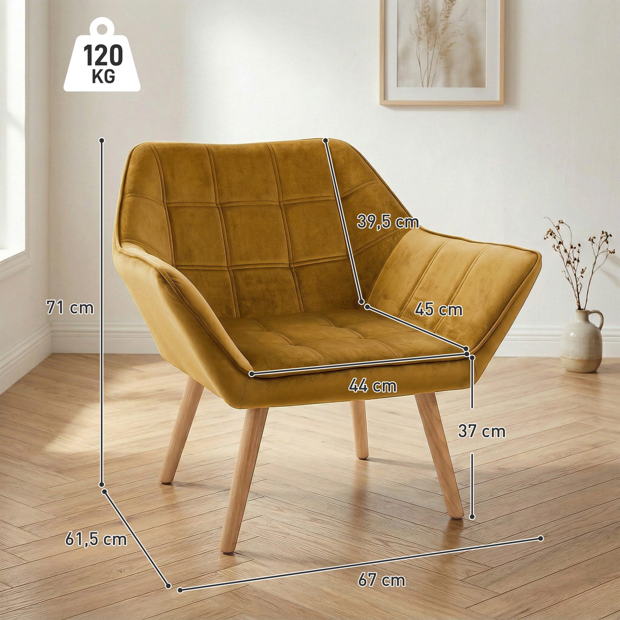 HOMCOM Relaxsessel Sessel mit Gummiholzbeine, Lesesessel Samtoptik, skandinavisch (Esszimmerstuhl, 1-St., Stuhl), für Wohnzimmer, Schlafzimmer, Gelb – Bild 3 von 5