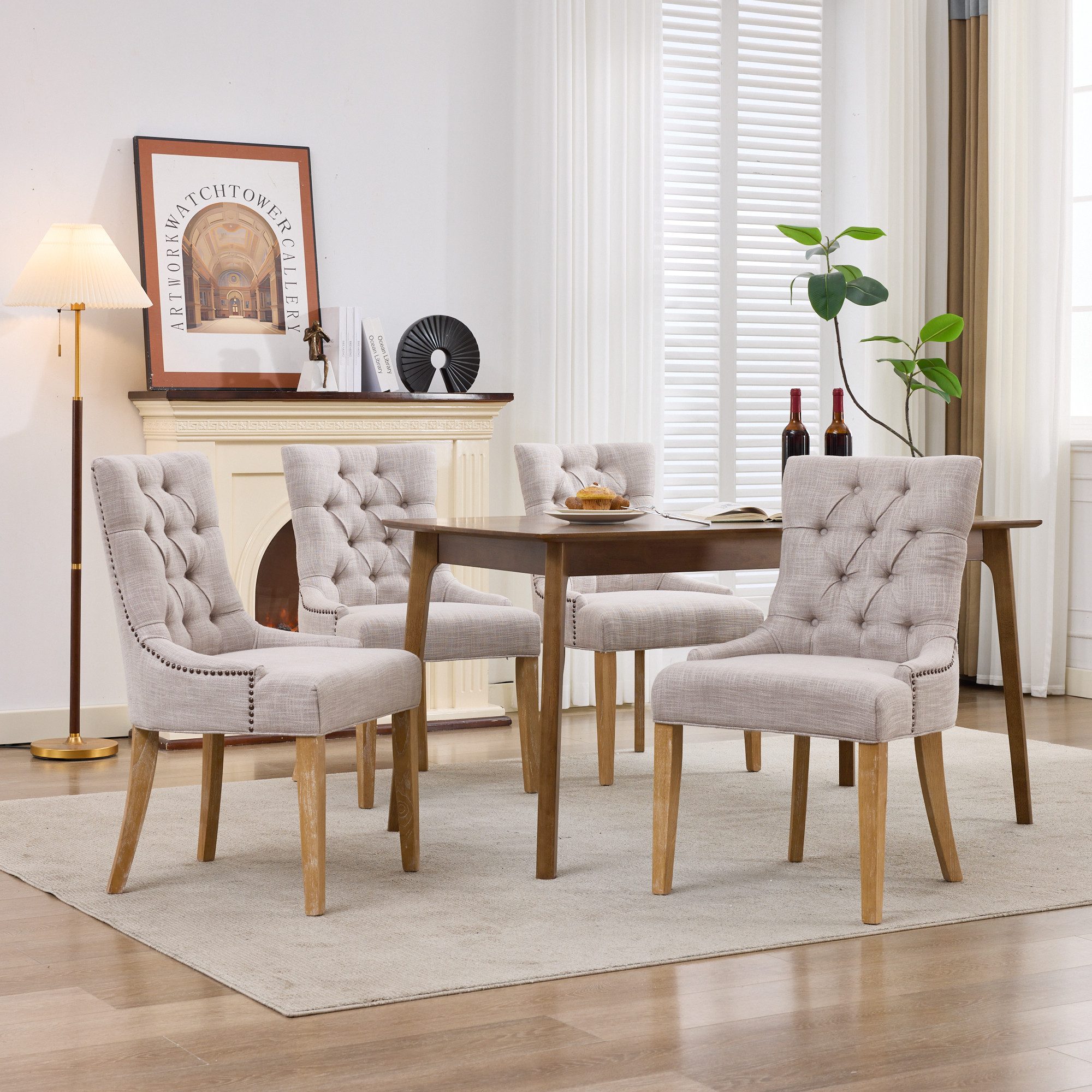 HAUSS SPOLE Esszimmerstuhl 2er mit KD-Beinen,Polsterstuhl Küchenstuhl dekorativen Nieten,Beige (Wohnzimmerstuhl Akzentstuhl Polsterstuhl mit Eichenbeine für Esszimmer oder Wohnzimmer), Bürostuhl Holzstuhl bis zu 120 kg belastbar