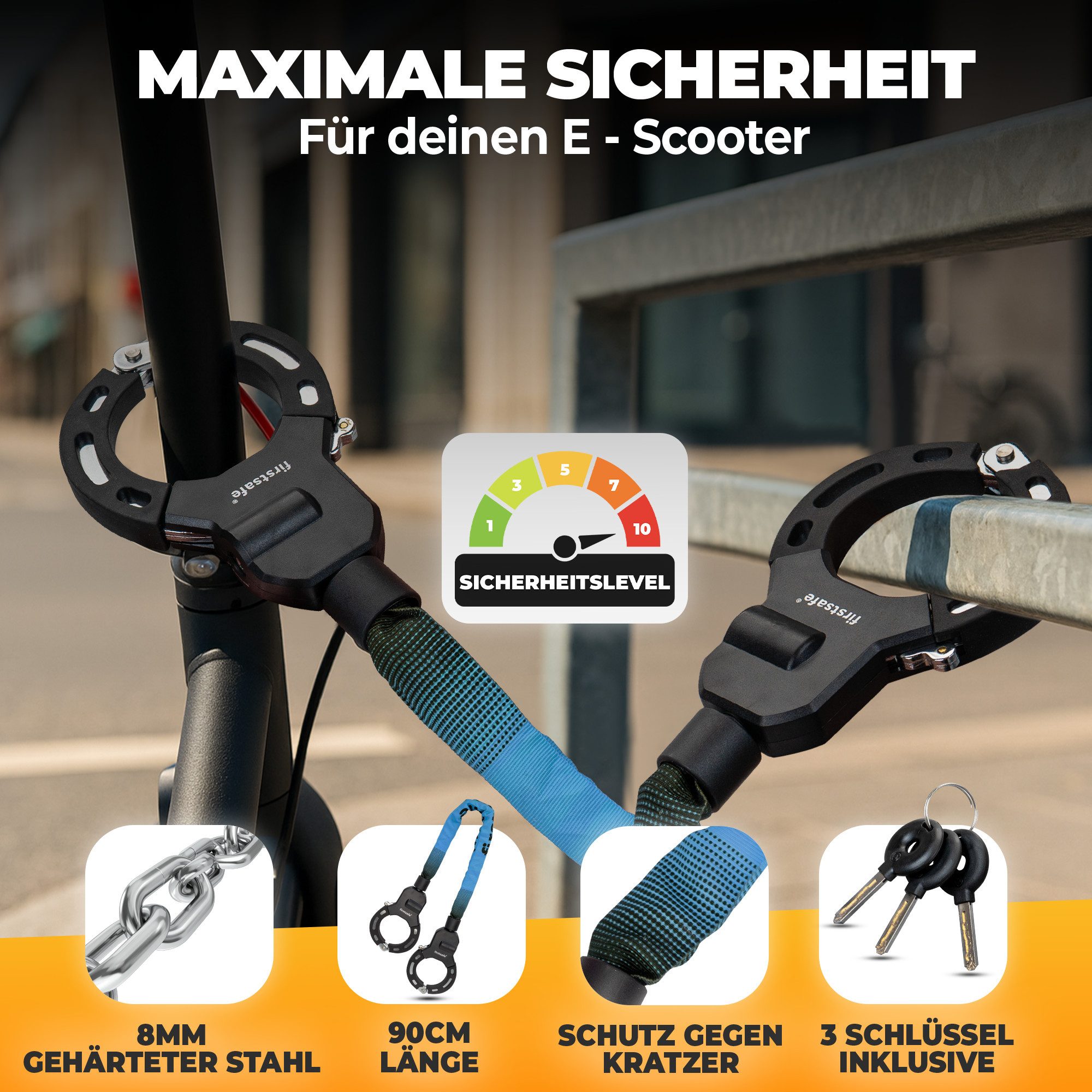 firstsafe Kettenschloss Handschellenschloss für E Scooter Schloss und Fahrrad 90 cm, 360° drehbar, Silikonbeschichtung, 8 mm Stahlkette