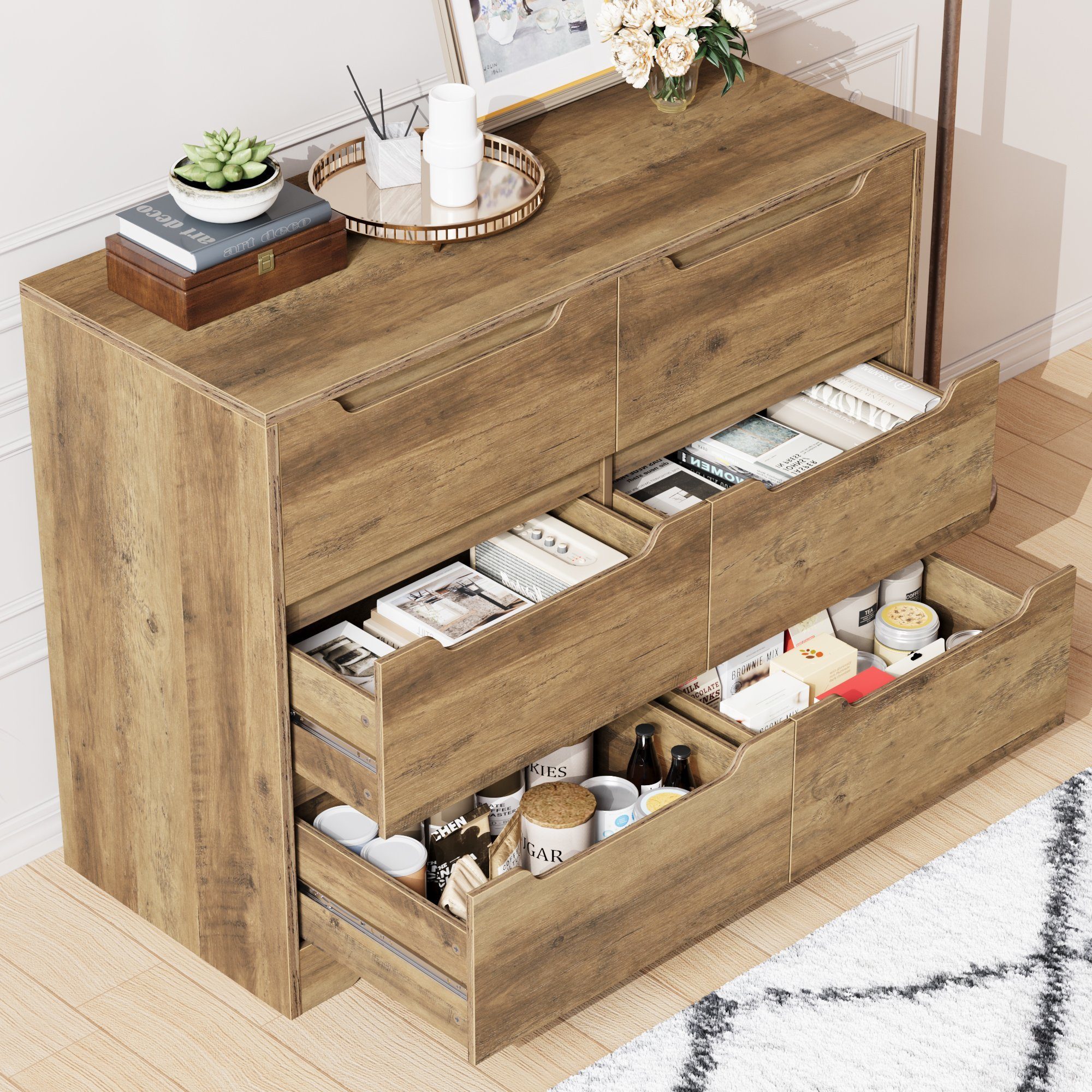 HOMECHO Kommode, Sideboard mit 6 Schubladen, Mehrzweckschrank aus Holz