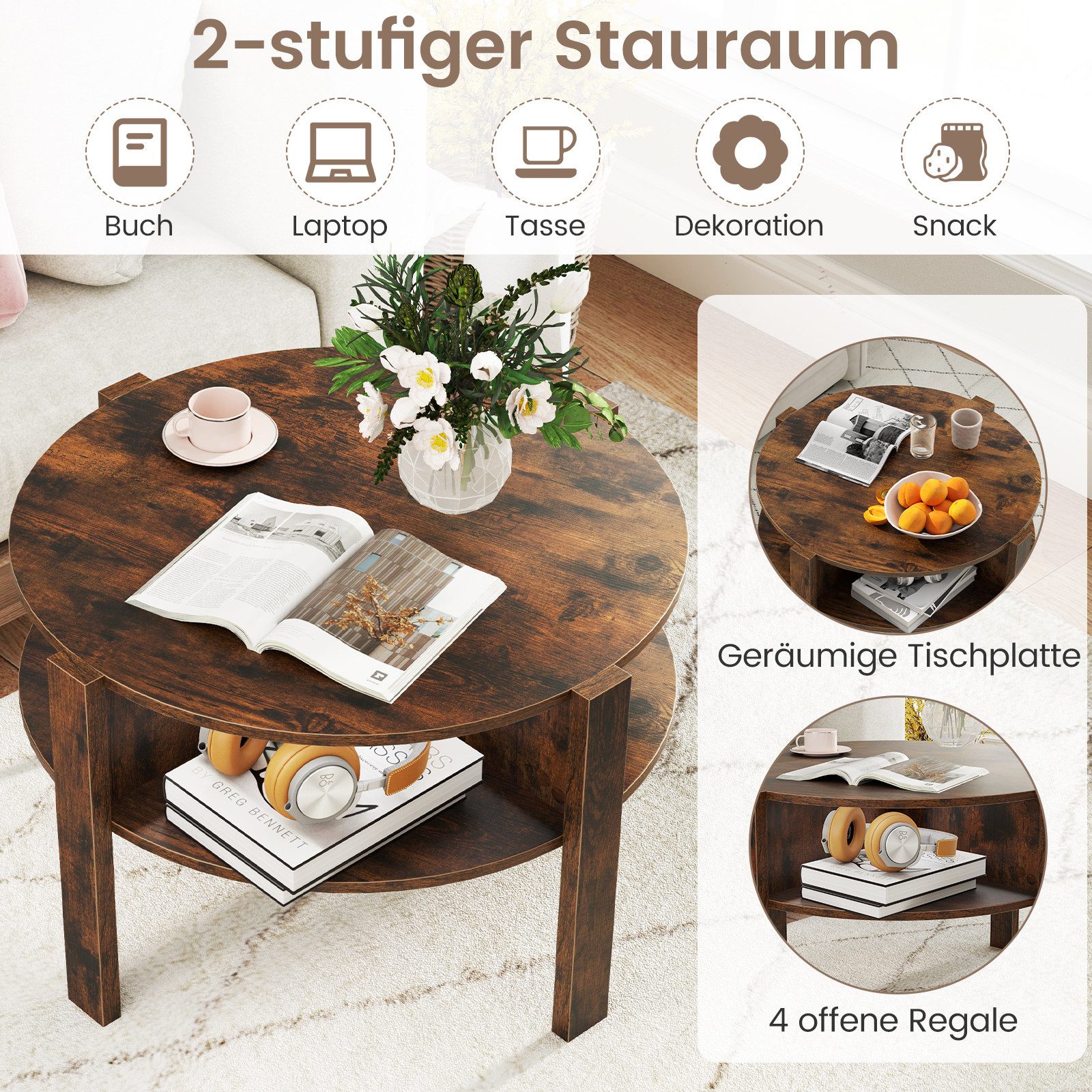 COSTWAY Couchtisch, Rund mit Stauraum, Wohnzimmertisch Holz, weiß