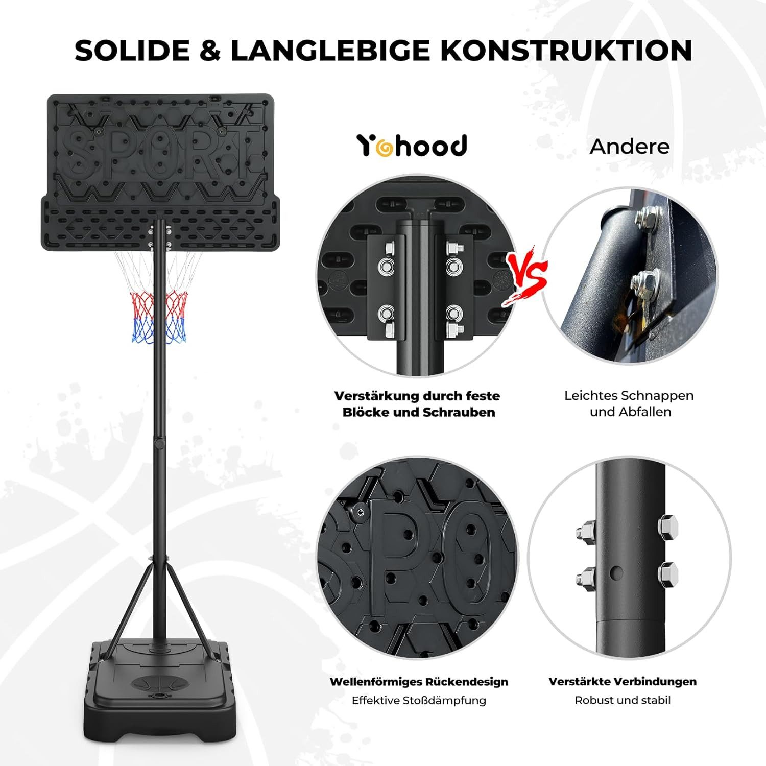 Yohood Basketballkorb Höhenverstellbarer und tragbarer Basketballkorb von 110-210 cm