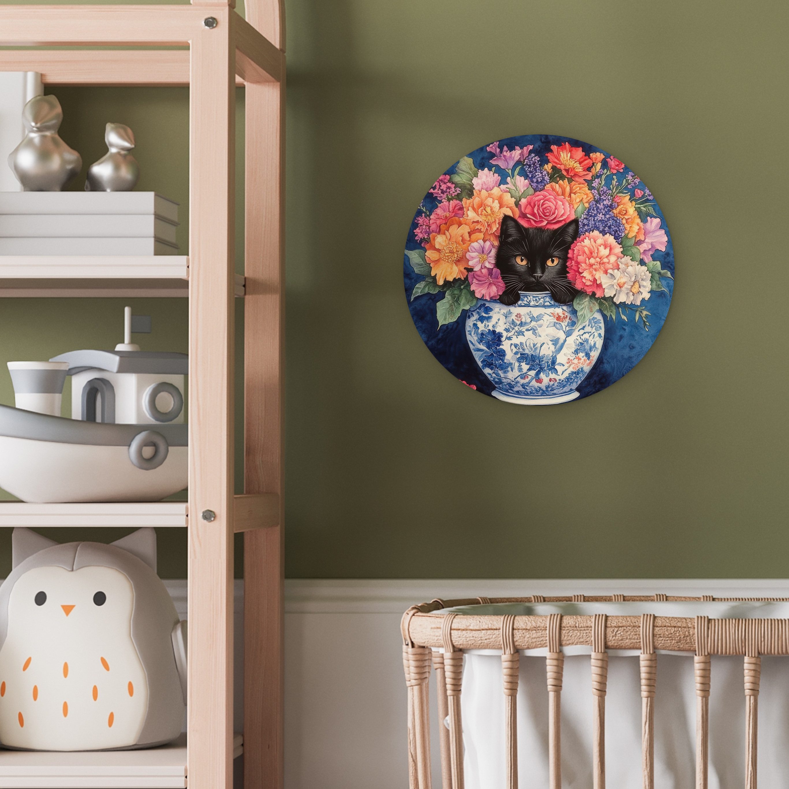 MuchoWow Gemälde Katze - Bunte Blumen - Vase, Fotodruck (1 St), Kreis Wanddekoration, Rundes Wandbild, 30x30 cm