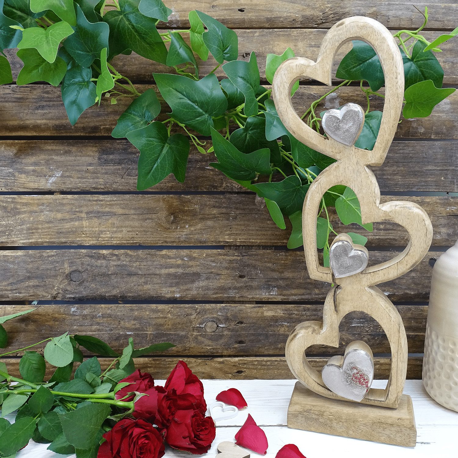 Logbuch-Verlag Dekofigur Herzen Skulptur aus Holz & Metall, stehend, 45 cm günstig online kaufen