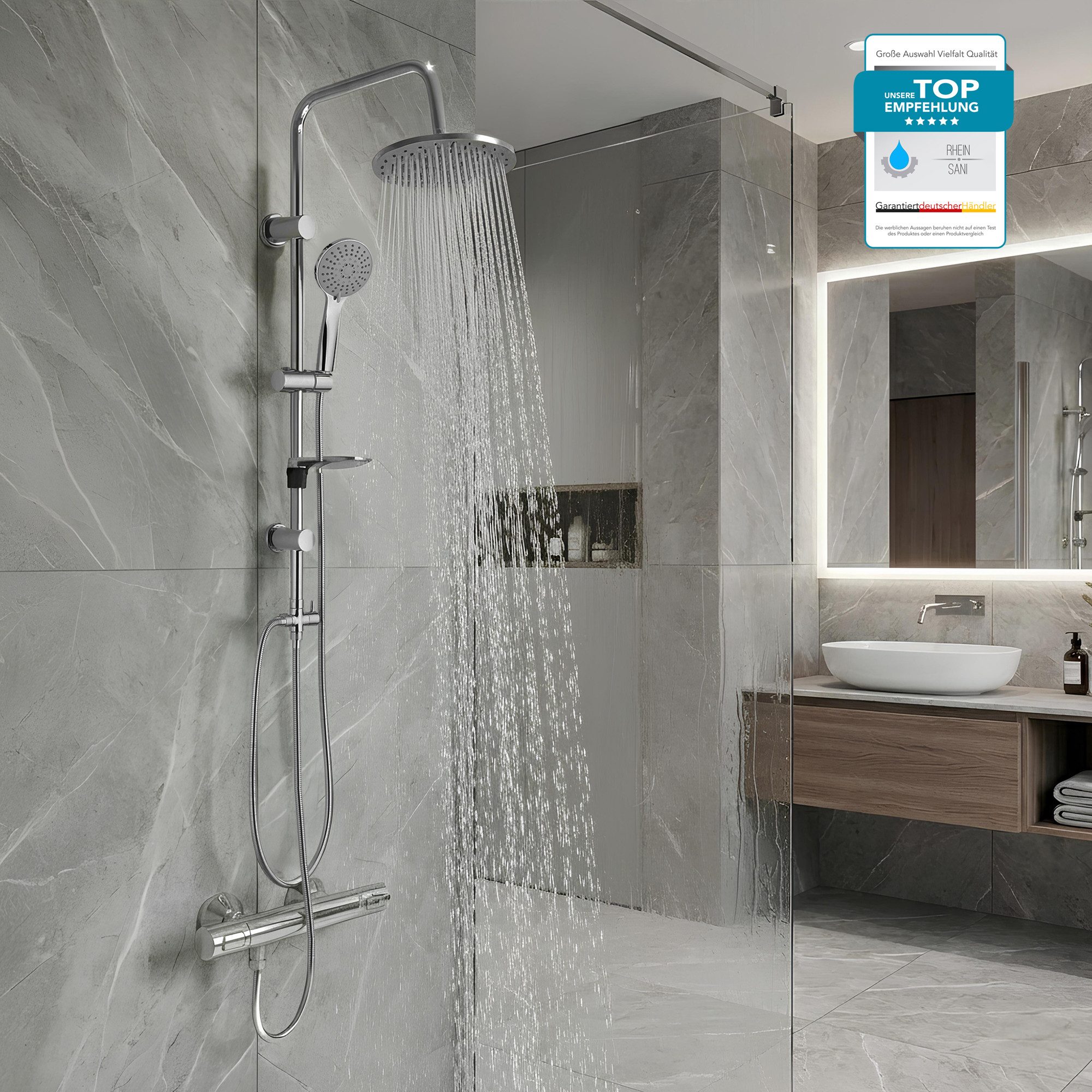 Grohe Duscharmatur Precision Flow mit Thermostat, Duschstange, Handbrause & Seifenhalter (Spar-Set) mit Regendusche, 3 Strahlarten mit SafeStop Sicherheitssperre bei 38°