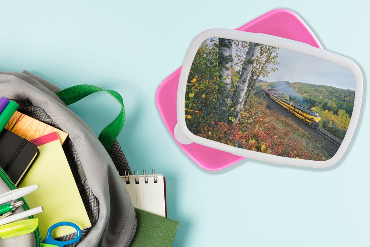 Lunchbox Kunststoff gelber Brotdose Erwachsene, Brotbox rosa Mädchen, in Ein Kunststoff, (2-tlg), Kinder, Dampfzug MuchoWow einer grünen Landschaft, Snackbox, für