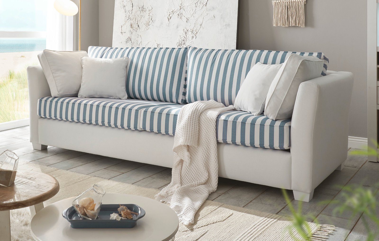 Furn.Design Sofa Hooge, 2,5-Sitzer in Creme mit blau, Landhausstil, mit  Bonell Federkern