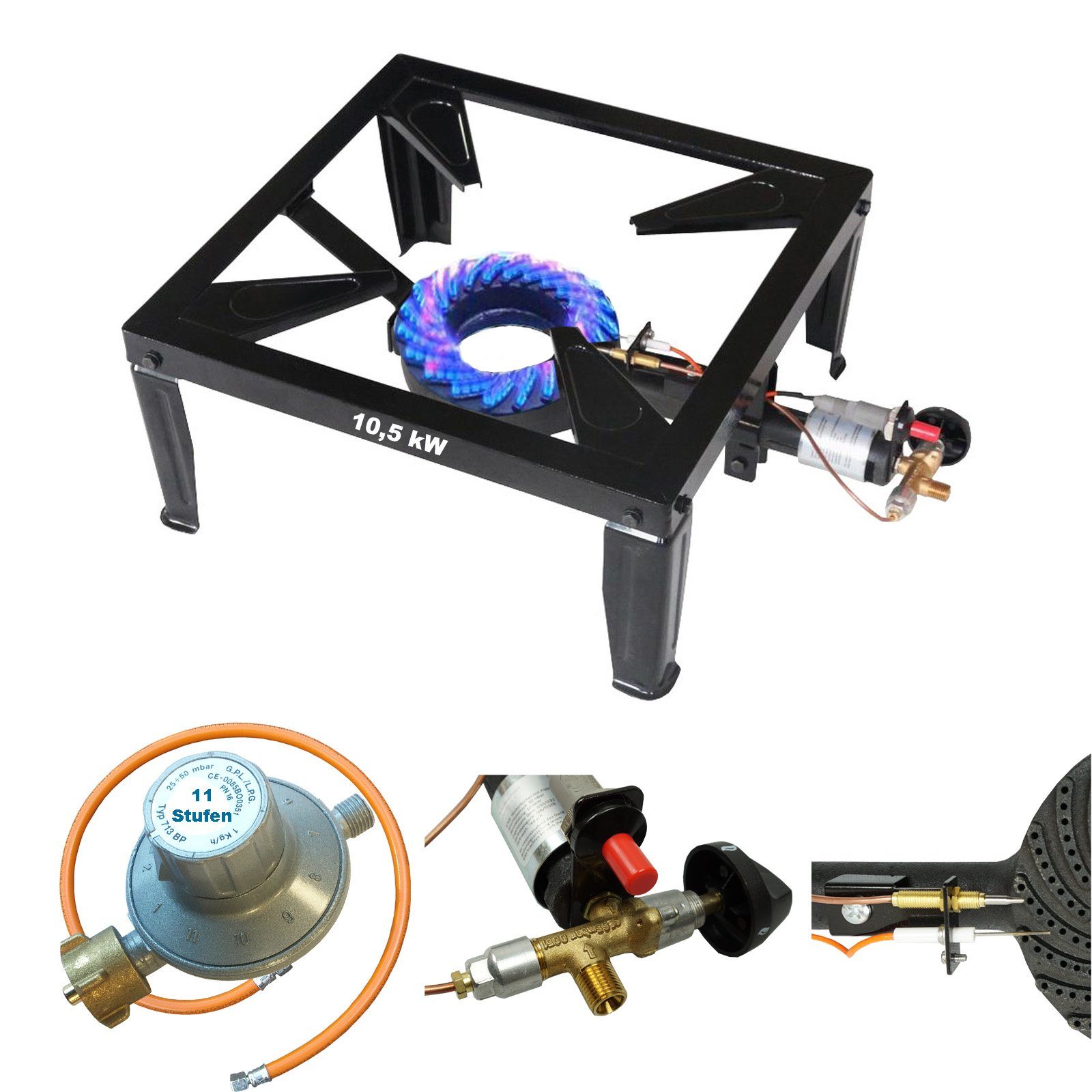 BlueCraft Gaskocher 10,5 kW 4 Fuß Hockerkocher Campingkocher Gasbrenner 4 Bein, (mit Piezozündung, Zündsicherung, inkl. Gasschlauch und Gasregler Druckminderer Gas)