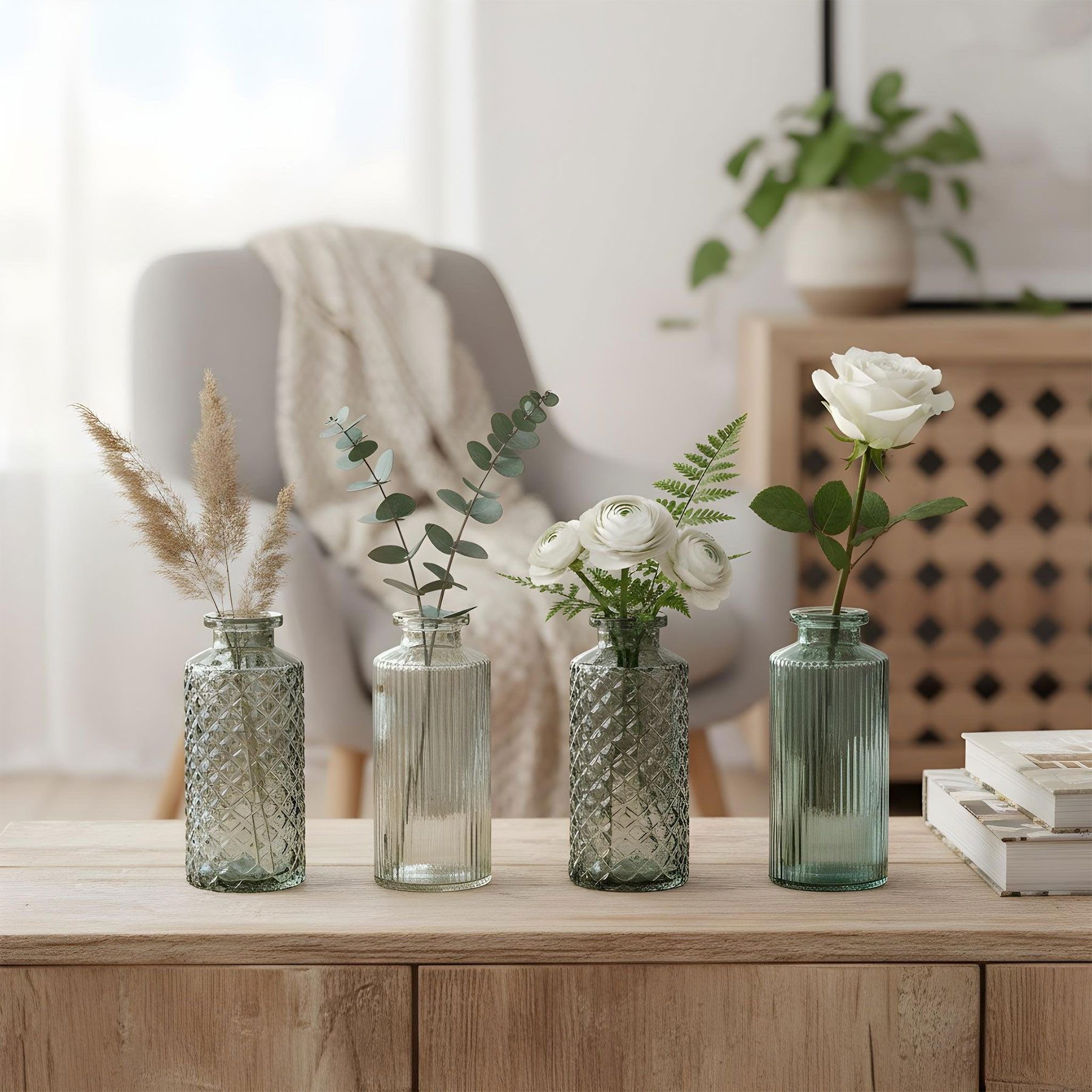 Levandeo® Dekovase, 4er Set Vase Glas Grün H14cm Grau Glas Blumenvase Tischdeko