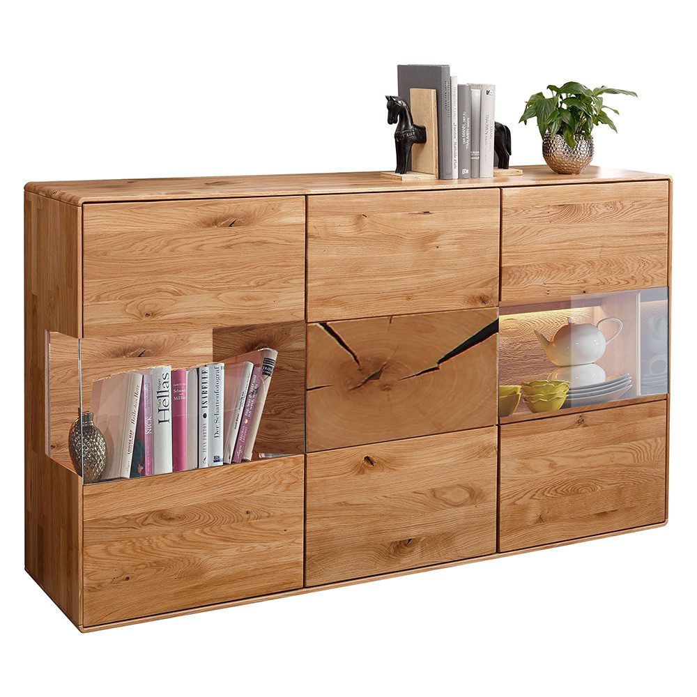 Lomadox Sideboard WESTON-69, Massivholz Wildeiche geölt 150 cm Vitrinentüren Push-to-open