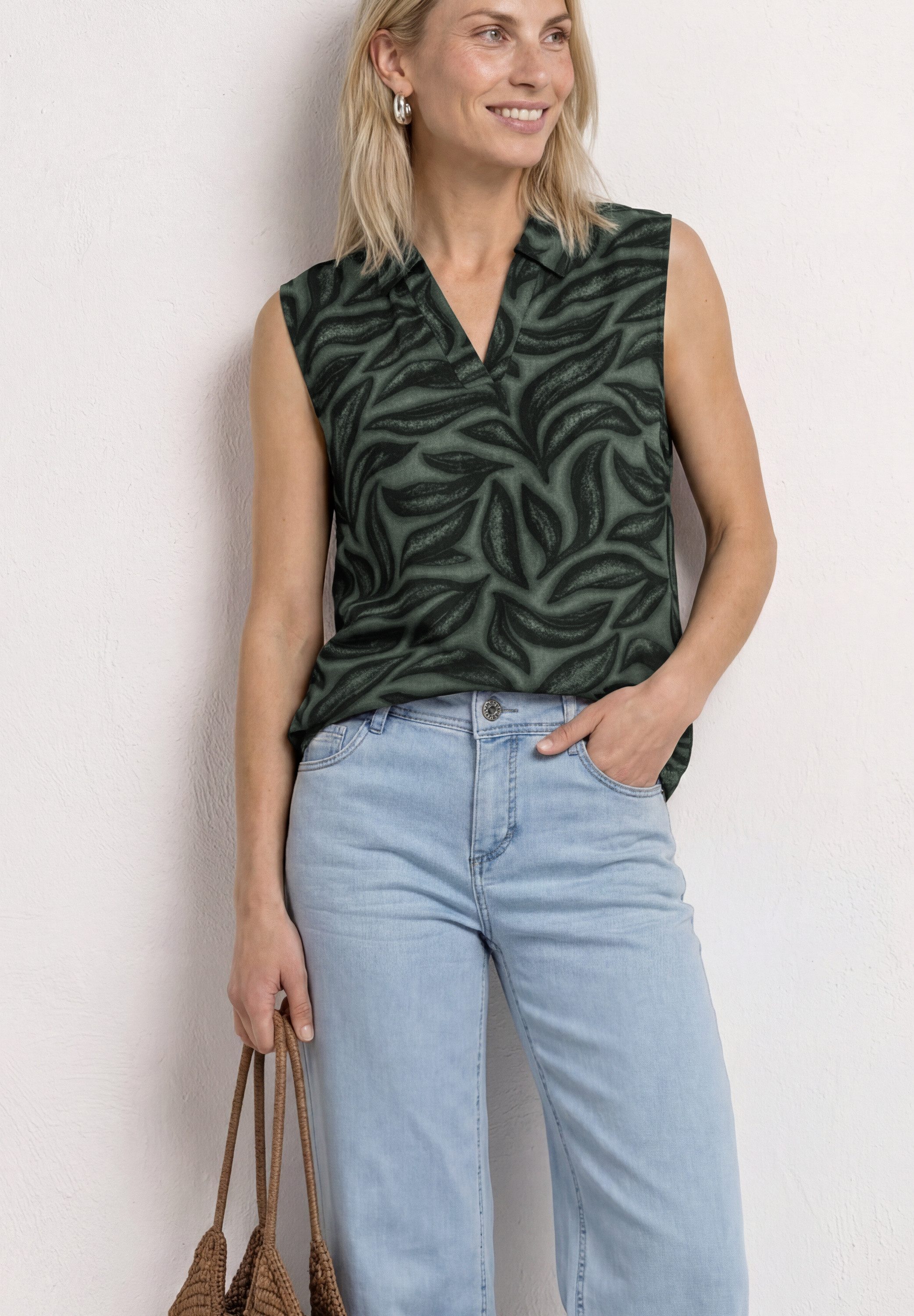STREET ONE Langarmshirt Top mit Kragen und Strukturmix