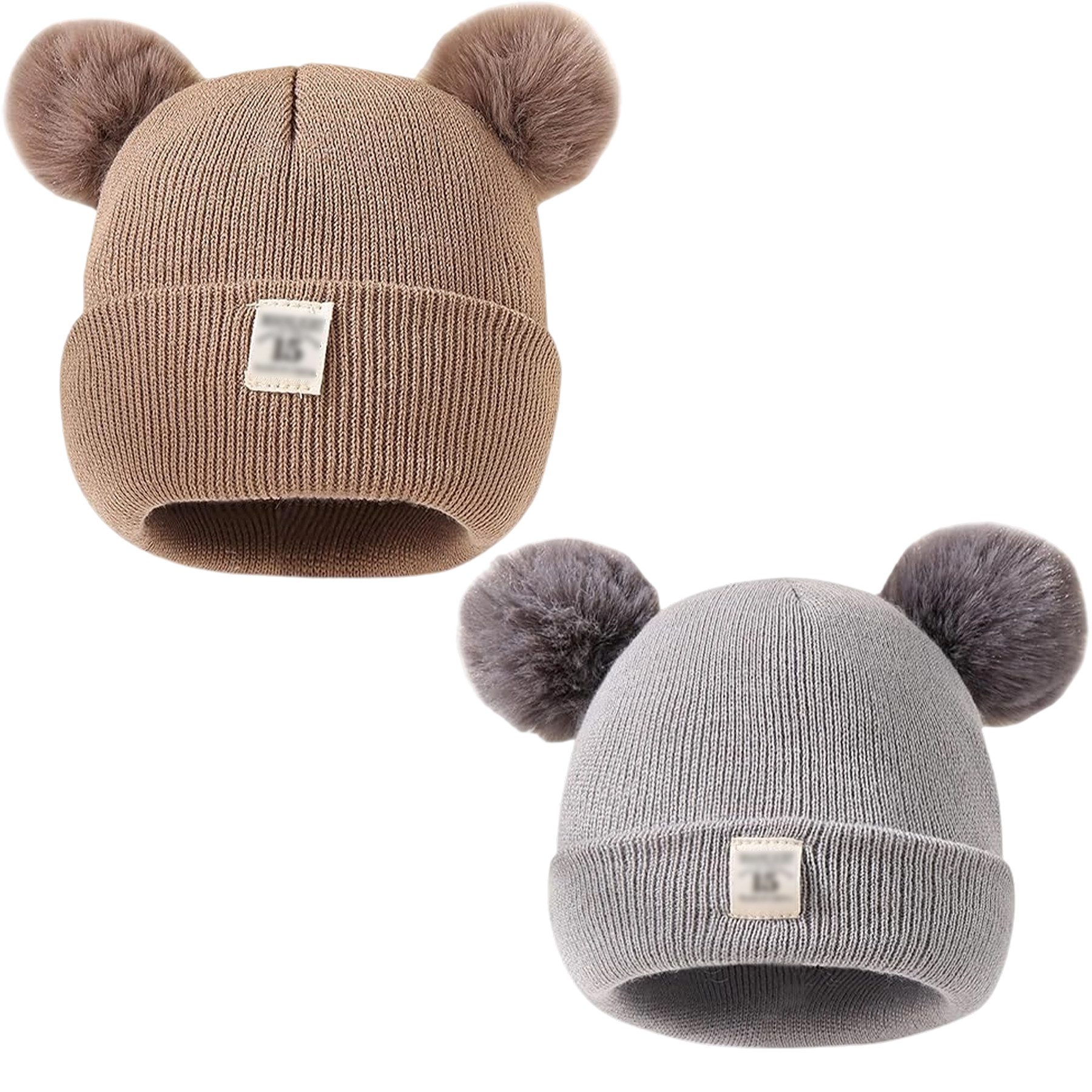 Mutig Strickmütze 2er Pack Kinder Wintermützem, Baby Strickmütze mit zwei Bommeln (Warme Winter Beanie Hut, Unisex Mütze für Jungen & Mädchen) Weiche Herbst & Winter Mütze, für 0, 1, 2, 3 Jahre