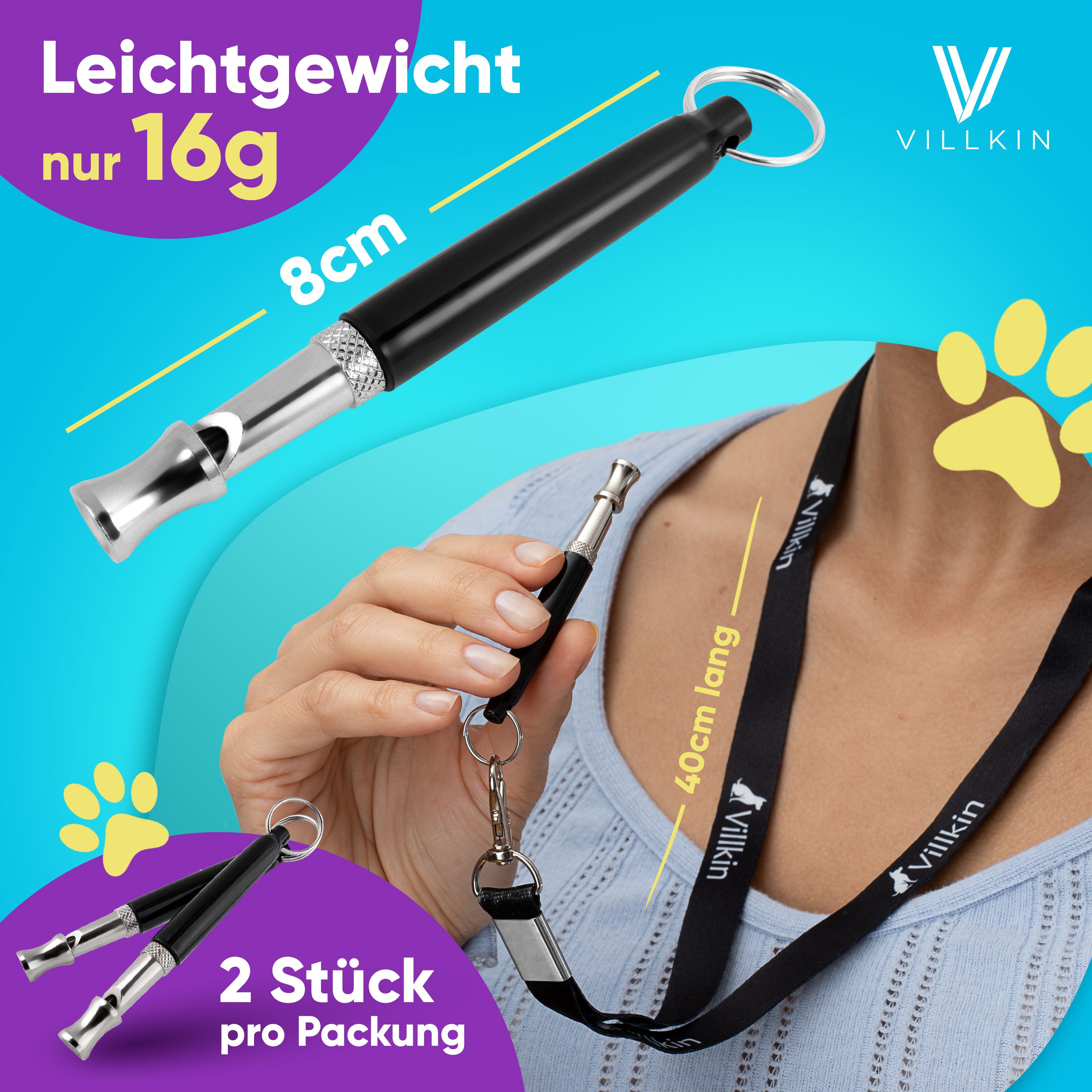 Villkin Hundepfeife, Trainingspfeife, Signalpfeife, Tierpfeife, Hochfrequenzpfeife, (2-St), 2 Hundepfeifen, 1 Halsband