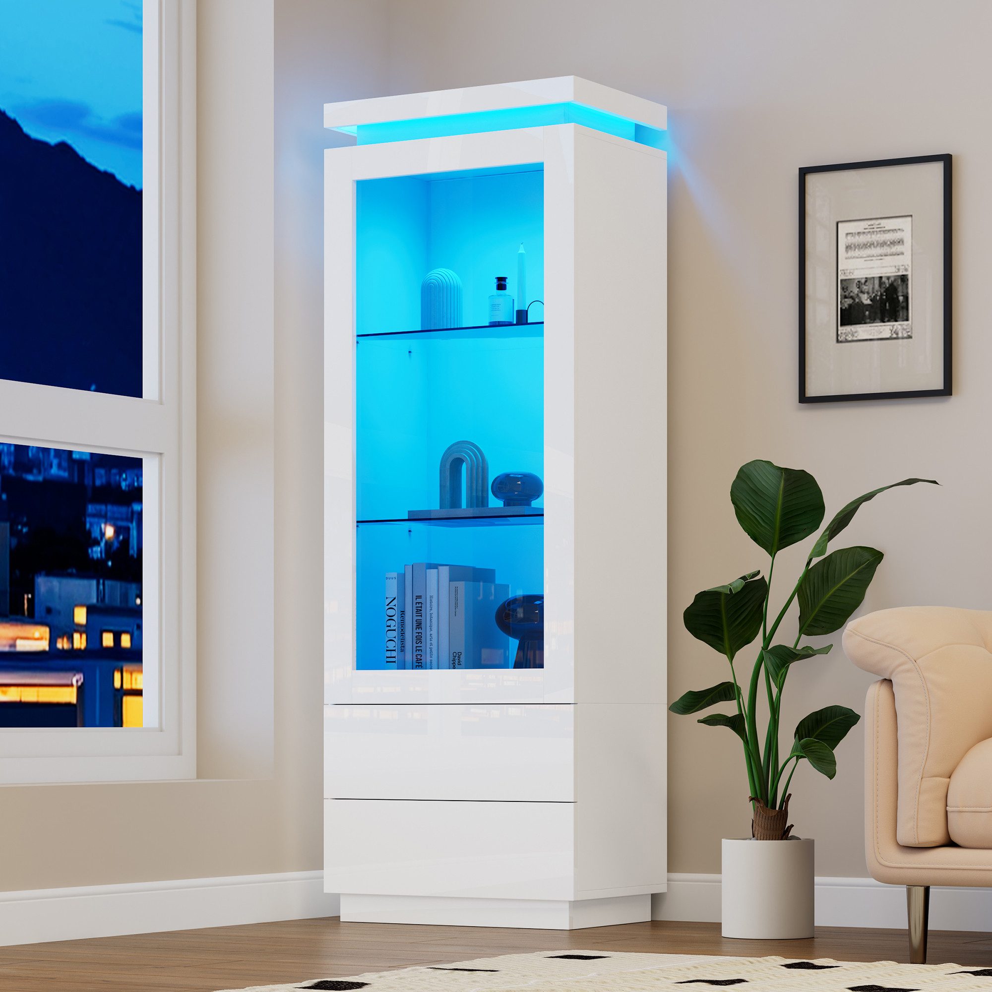 MODFU Vitrine LED-Hochschrank mit Acryl-Glastür (Wohnzimmerschrank, Standregal, 1-St., 2 Schubladen) für Deko oder Sammlungen
