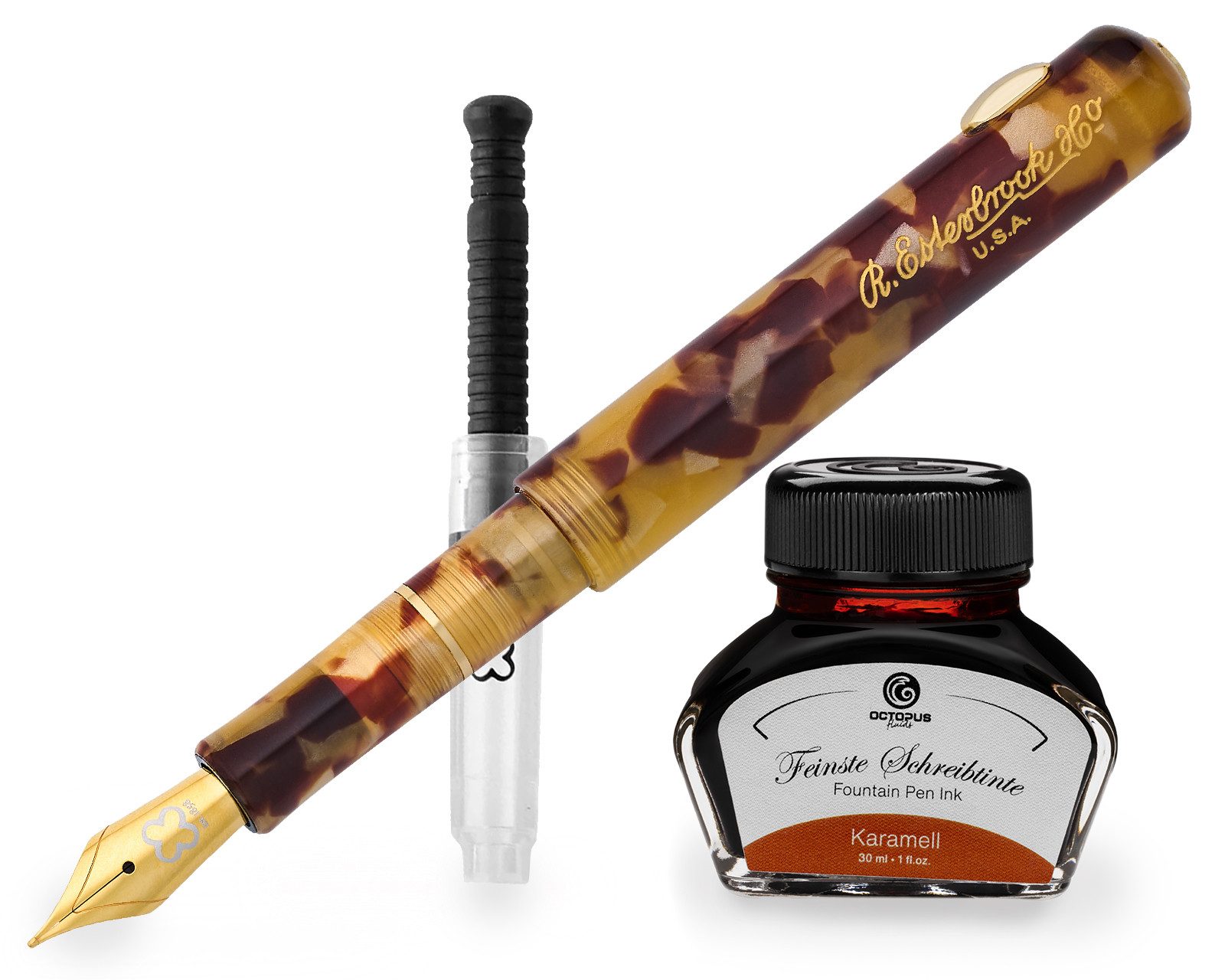 OCTOPUS Füllfederhalter Esterbrook Niblet Tortoise, Gold Füllhalter mit 30ml Tinte, (Füller mit Schreibtinte, 1-tlg., Karamell)