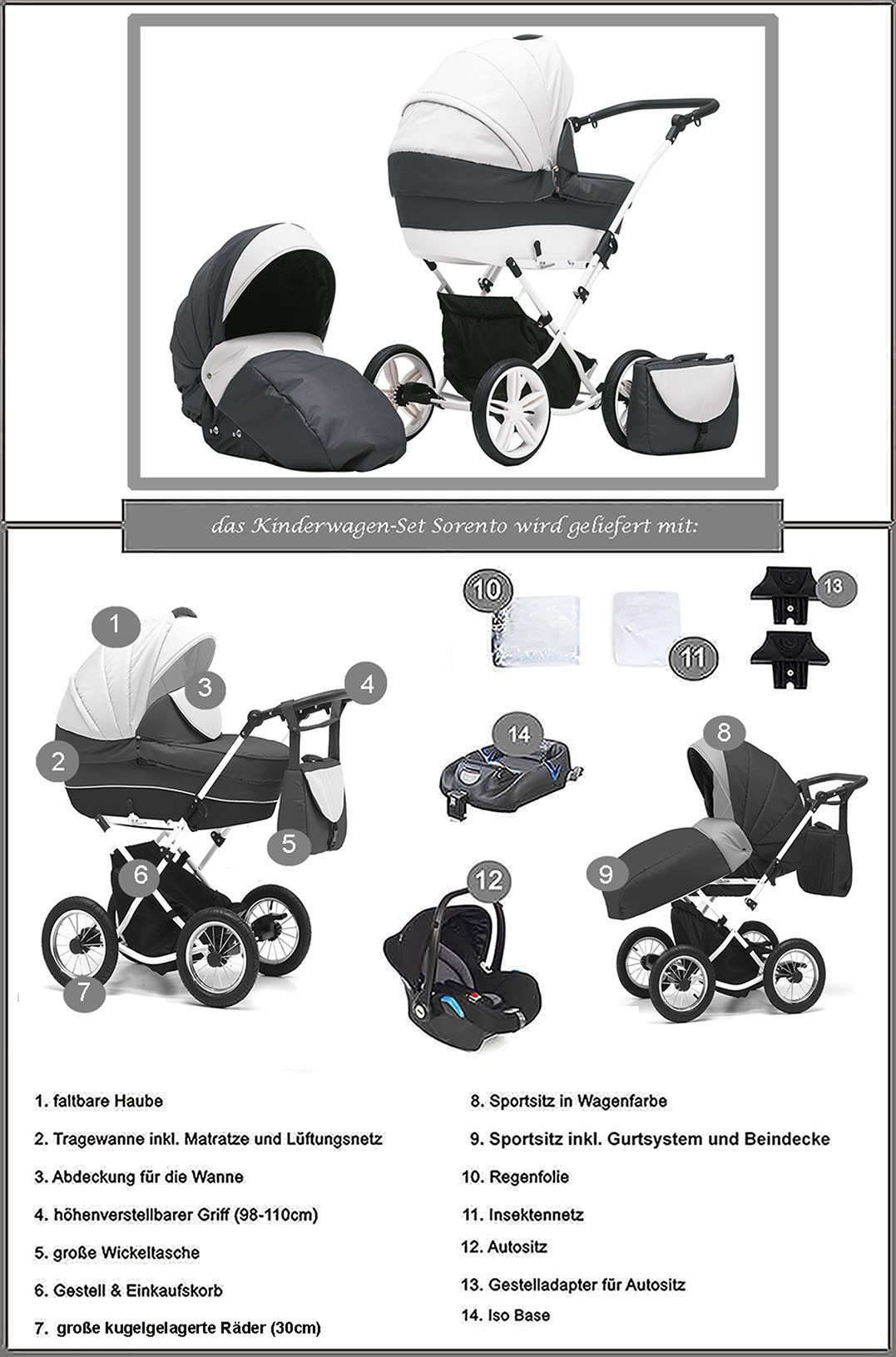 BabyMerc Kombi-Kinderwagen Sorento 5 in 1 inkl. Sportsitz, Autositz, Iso und Zubehör in 17 Farben