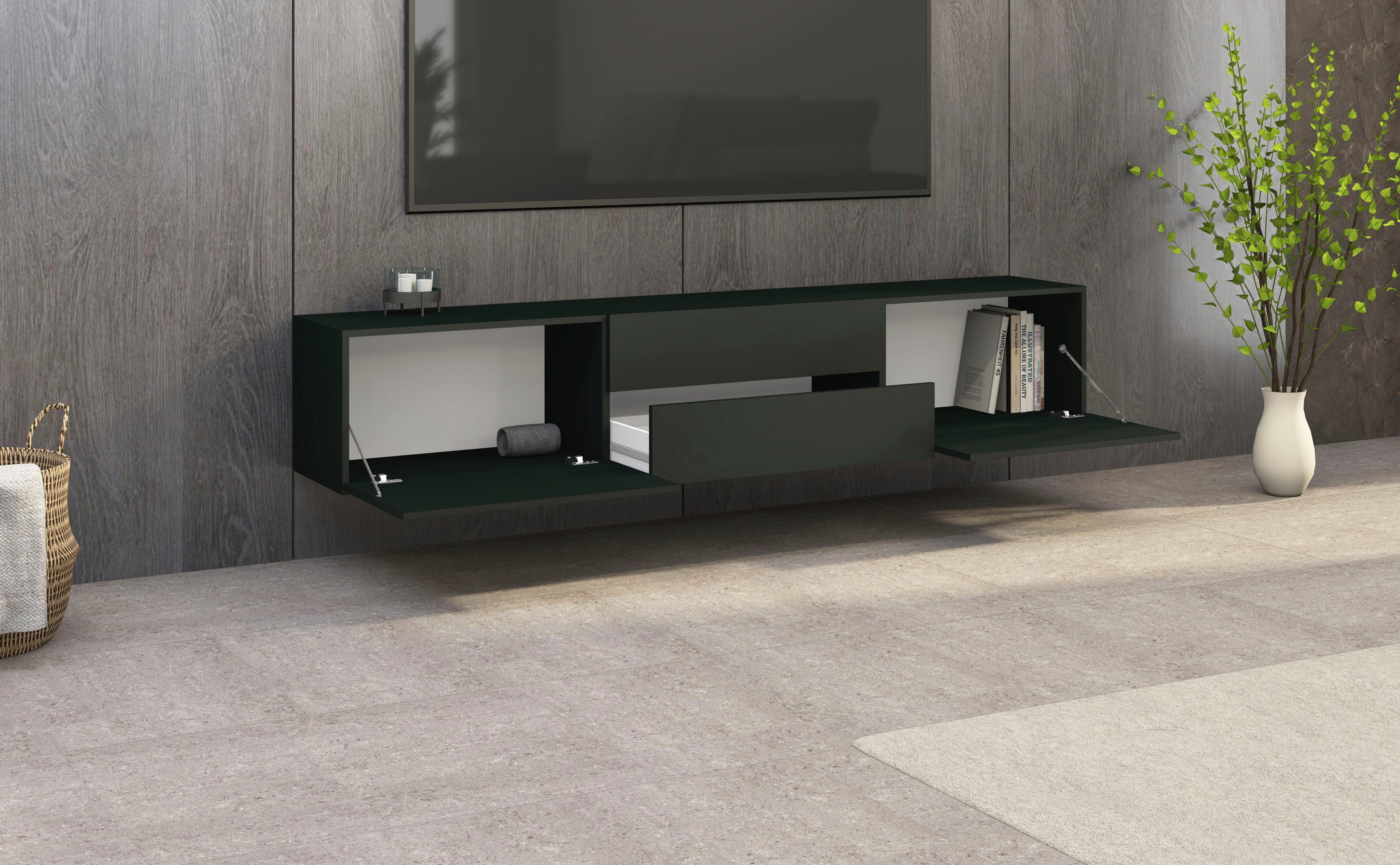 borchardt Möbel Lowboard Sophia, TV-Schrank Breite 200 cm, Breite 200 cm mit 2 Klappen und 2 Schubkästen, stehend und hängend