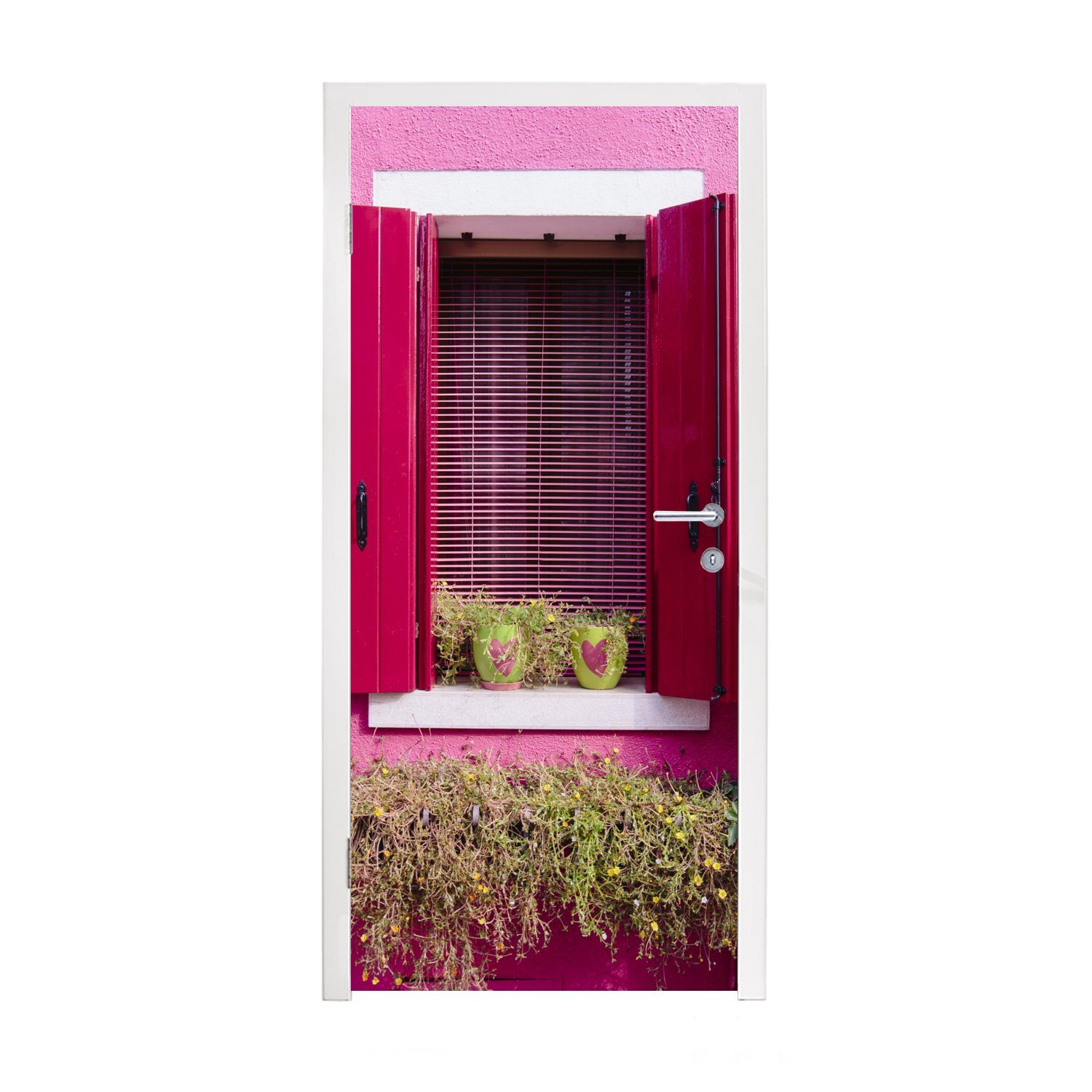 MuchoWow Türtapete Blumentöpfe mit Herzen in einem Fenster mit rosa Fensterläden, Matt, bedruckt, (1 St), Fototapete für Tür, Türaufkleber, 75x205 cm