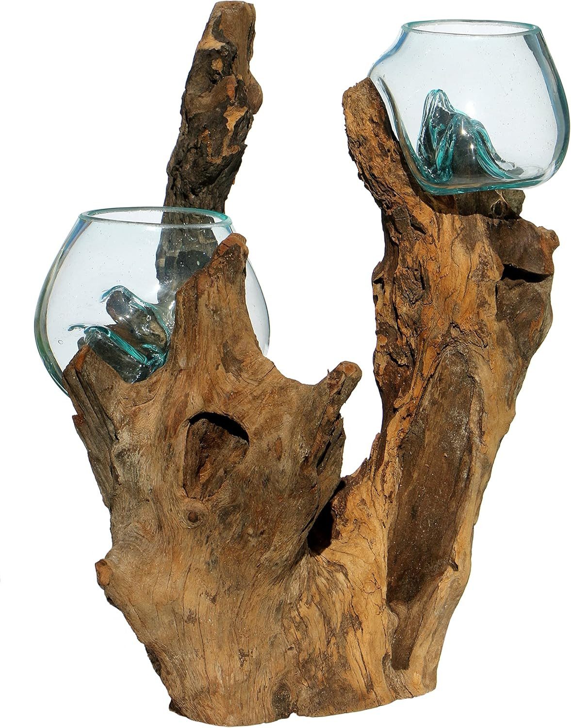 Wogeka Dekovase Doppel Glas-Vase auf Wurzel-Holz Gamal Teakholz