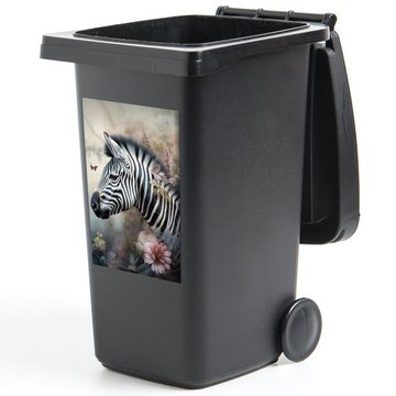 MuchoWow Wandsticker Zebra - Wilde Tiere - Schmetterling - Blumen (1 St), Mülleimer-aufkleber, Mülltonne, Sticker, Container, Abfalbehälter