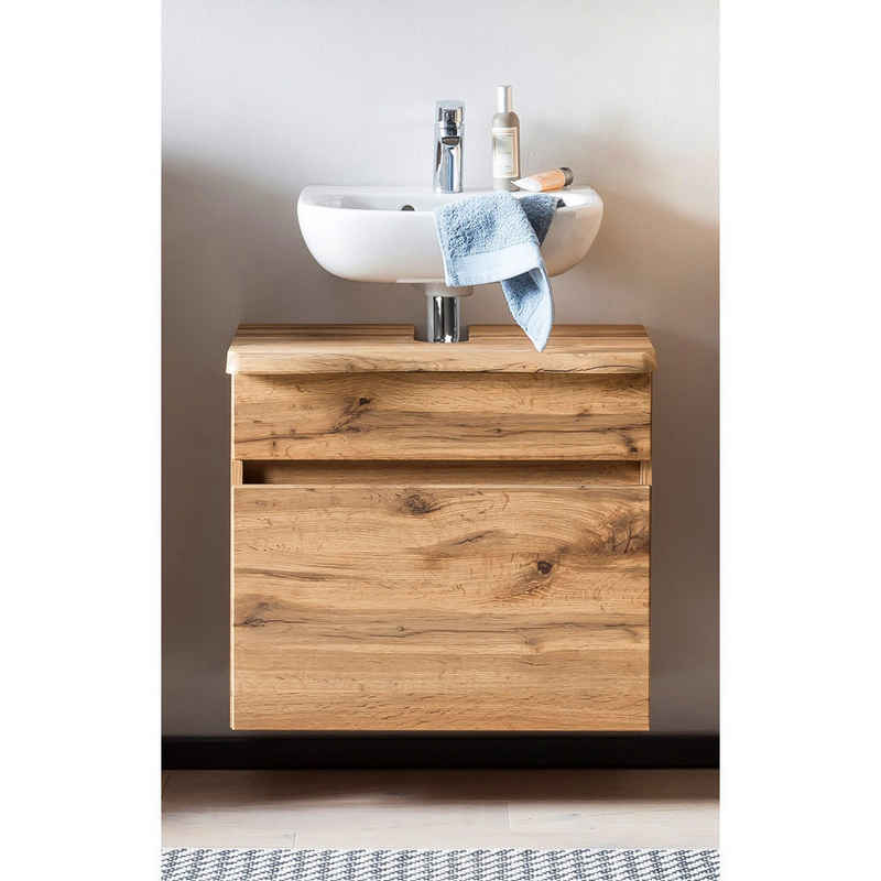 Lomadox Waschbeckenunterschrank VIDAGO-03 Badezimmer in Wotan Eiche Nb. mit Abdeckplatte Baumkante : 61/54/40 cm