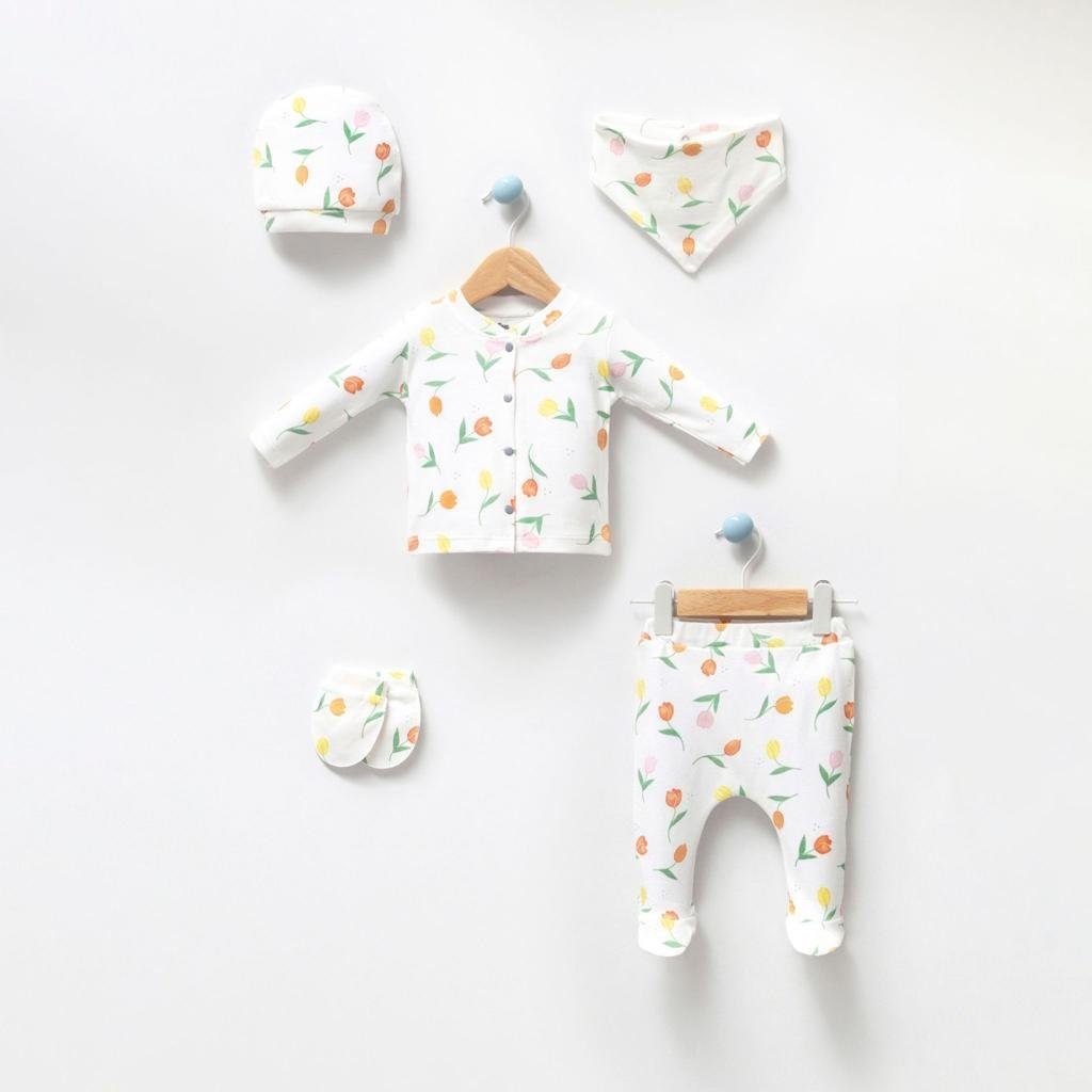 Engelbaby Erstausstattungspaket 5-teiliges 0-3 Monate Neugebornen-Set Tulpen-Motiv 100 % Baumwolle (Set, 5-tlg., Langarm, Hose, Lätzchen, Mütze, Handschuhe) komplett Outfit 5-teilig 100 % Baumwolle Tulpen-Motiv