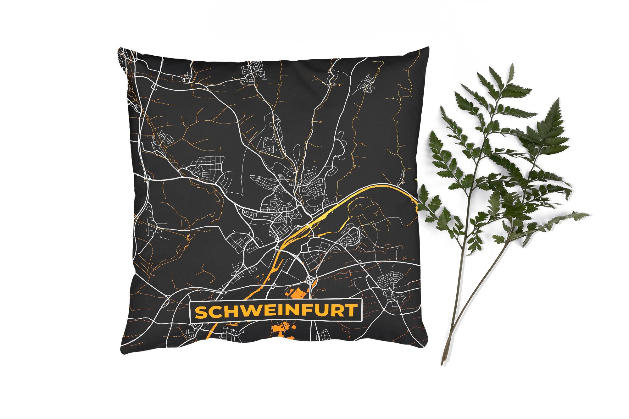 MuchoWow Dekokissen Deutschland - Schwarz Gold Füllung Schweinfurt Deko, und - - für Wohzimmer, Stadtplan - mit Schlafzimmer, Sofakissen Zierkissen Karte