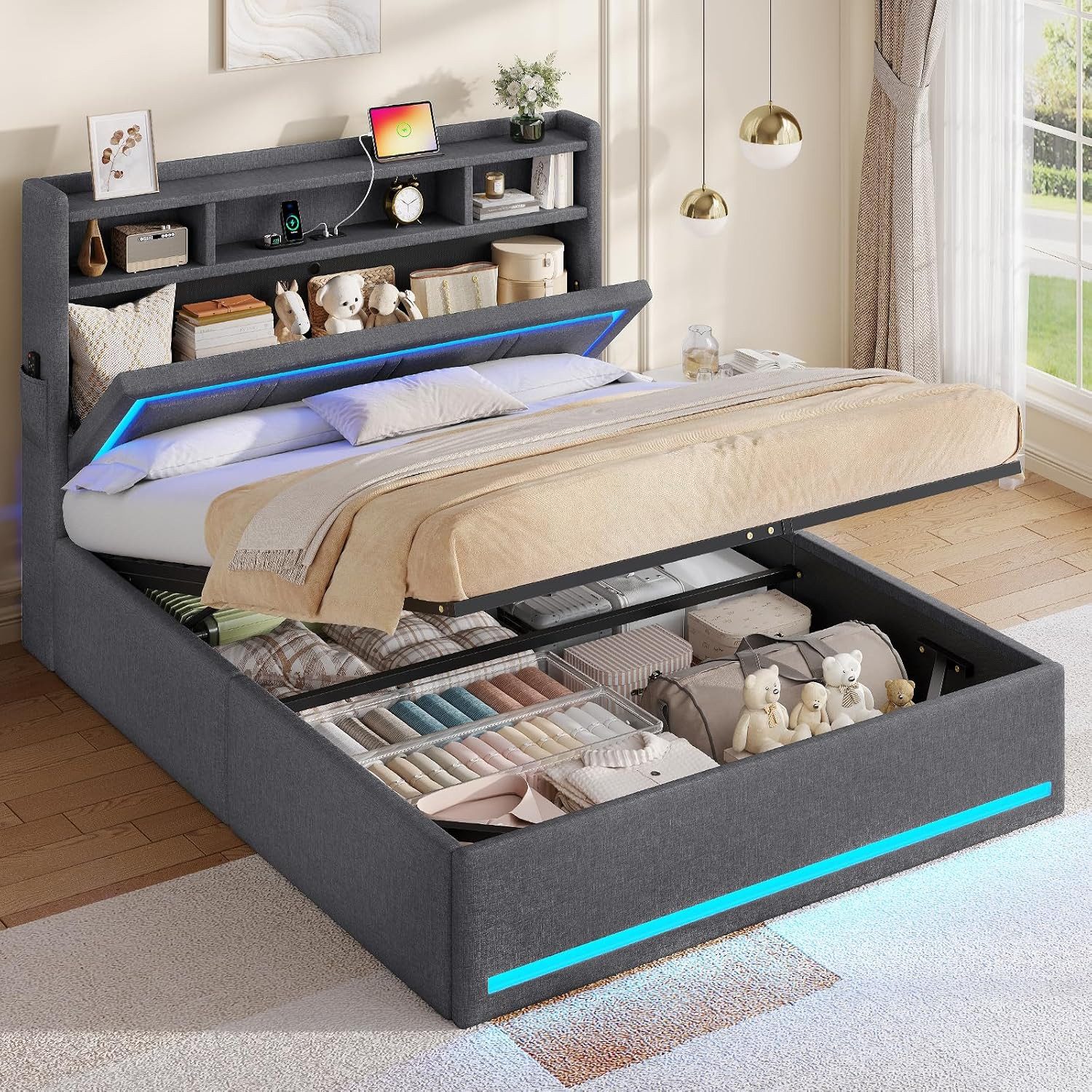 MSMASK Polsterbett mit Hydrauliksystem, Kopfteil Stauraum, Funktionsbett, Doppelbett (Ohne Matratze), Jugendbett mit LED Beleuchtung und Ladestation, 140x200cm